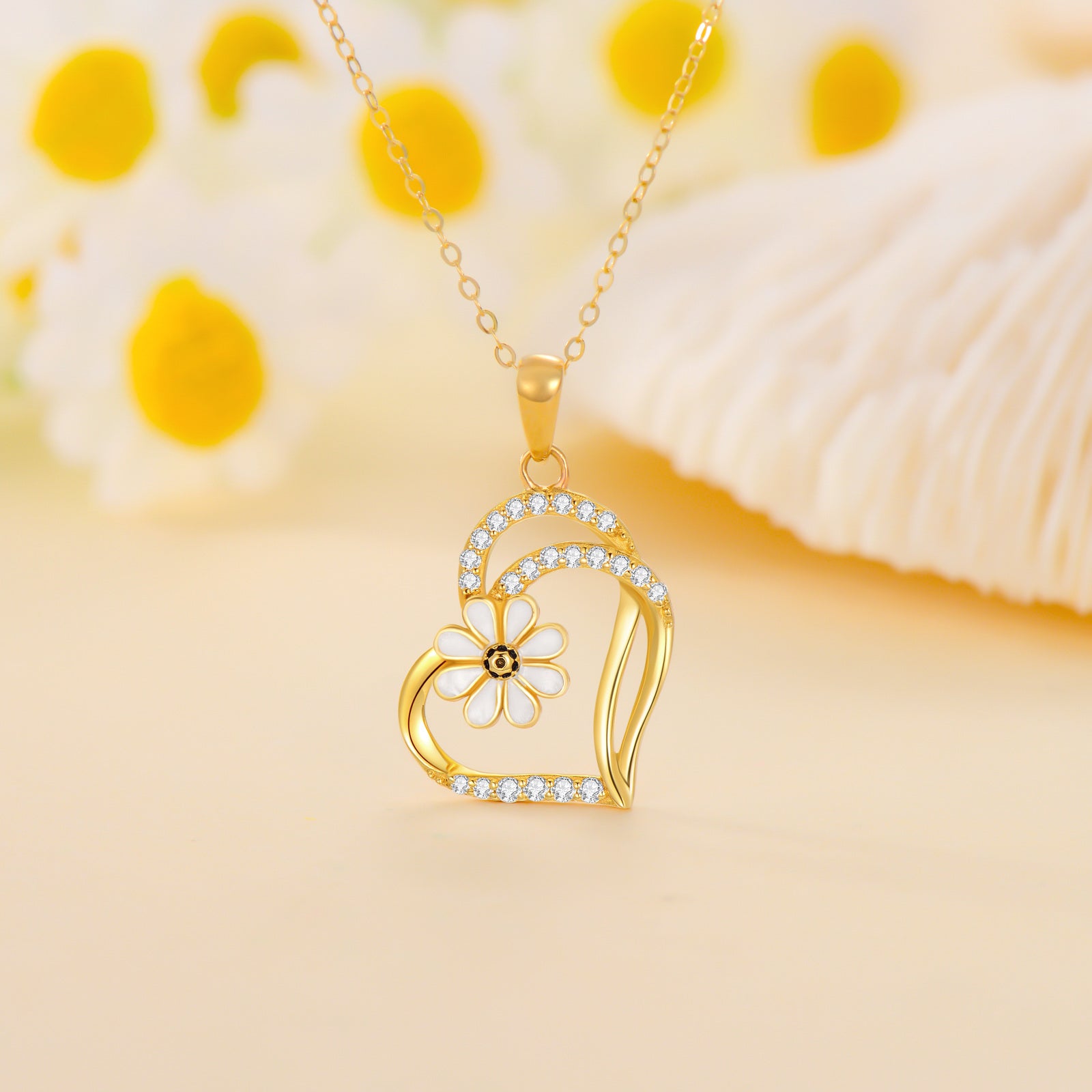 14K Gold Cubic Zirconia Daisy & Heart With Heart Necklace for Women