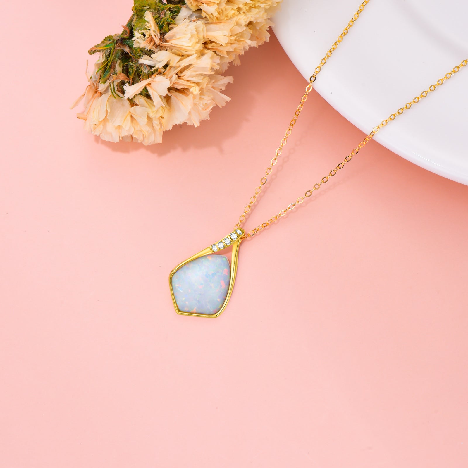 14K Gold Diamond & Blue Opal Drop Pendant Necklace