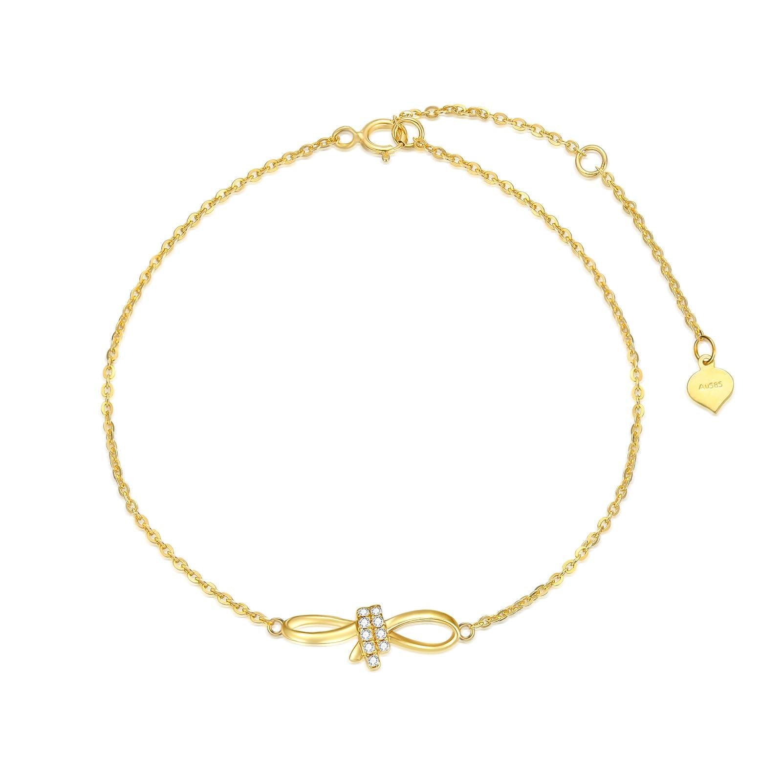 14K Gold Diamond Bow & Heart Charm Bracelet