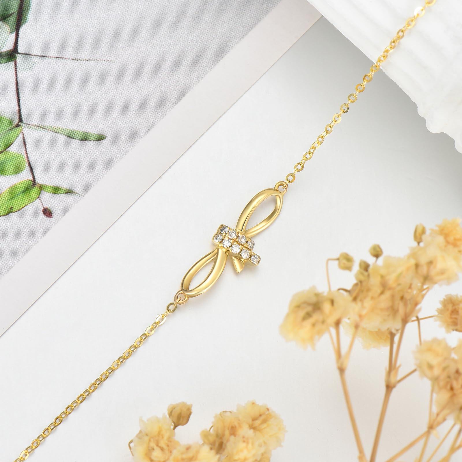 14K Gold Diamond Bow & Heart Charm Bracelet