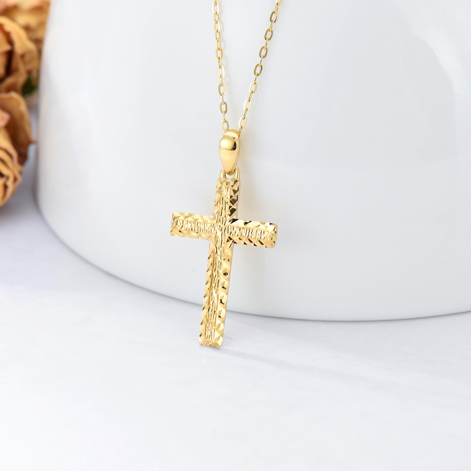 14K Gold Diamond Cut Cross Pendant Necklace