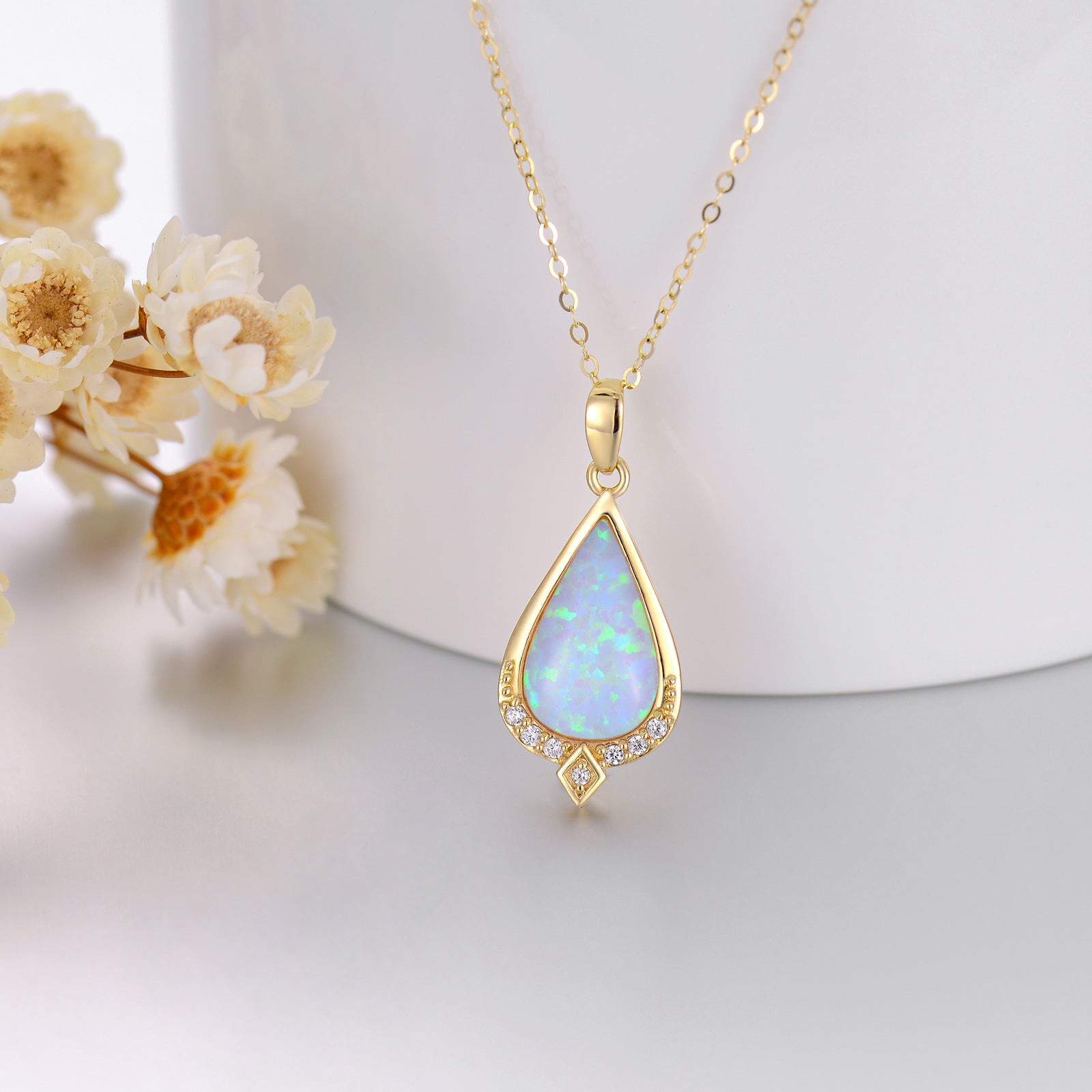 14K Gold Diamond Drop Shape Pendant Necklace with Tear Shaped Opal