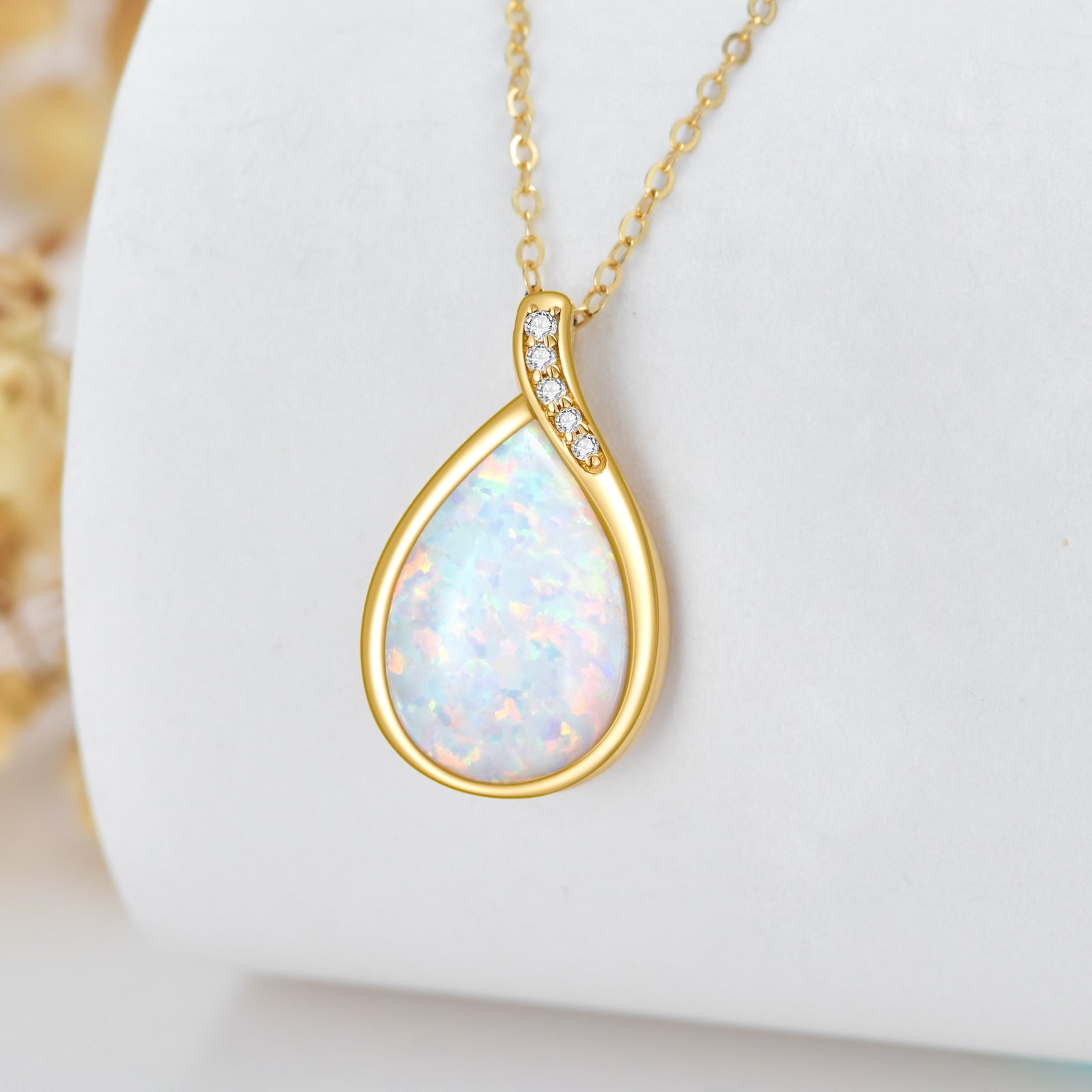 14K Gold Diamond & Drop Shaped Opal Pendant Necklace