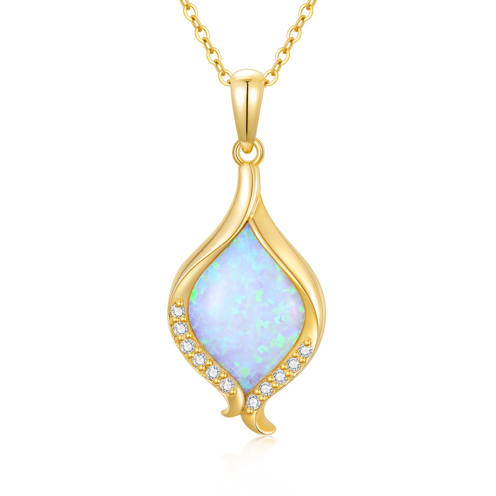 14K Gold Diamond & Opal Pendant Necklace
