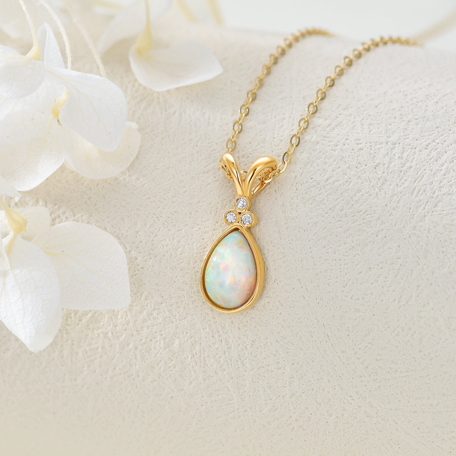 14K Gold Diamond & Orange Opal Drop Shape Pendant Necklace