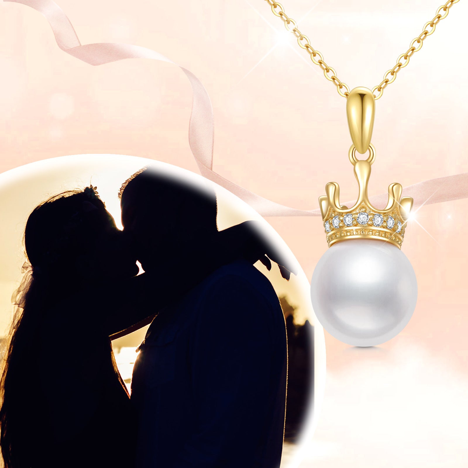 14K Gold Diamond & Pearl Crown Pendant Necklace