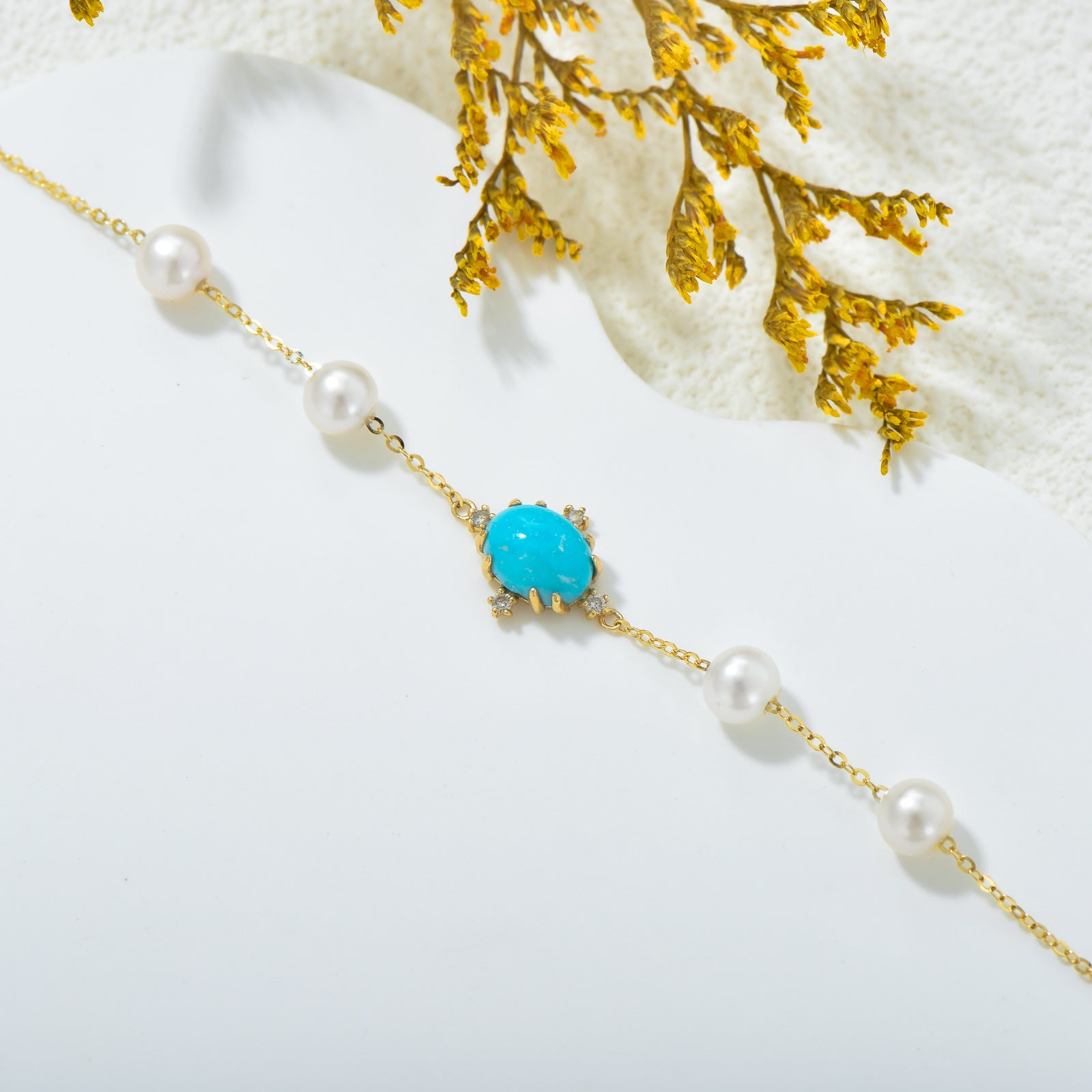 14K Gold Diamond & Pearl & Turquoise Crown Charm Bracelet