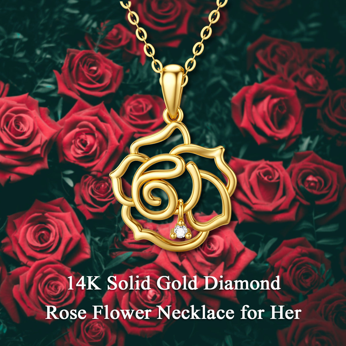 14K Gold Diamond Rose Pendant Necklace