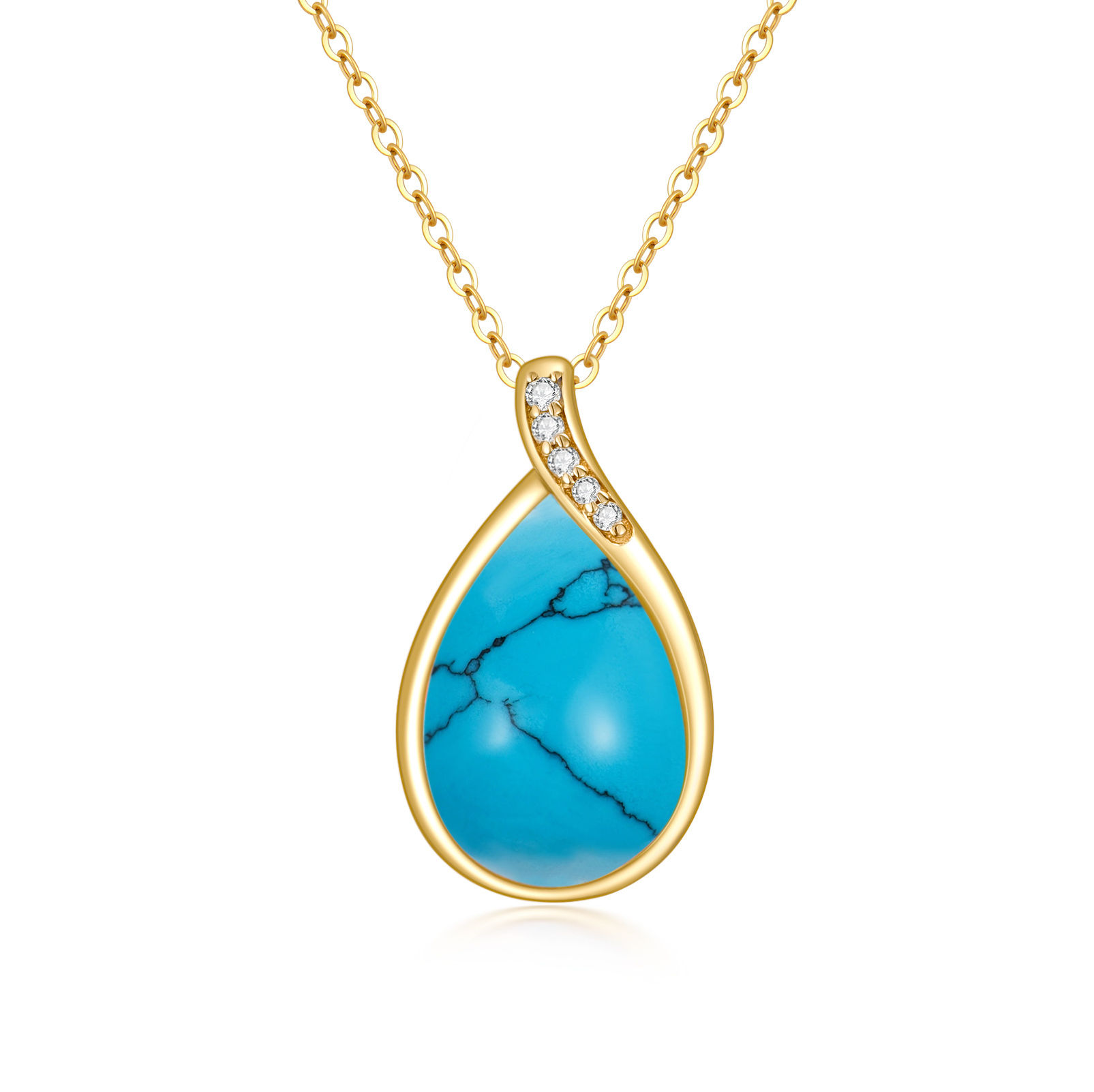 14K Gold Diamond & Turquoise Drop Shape Pendant Necklace