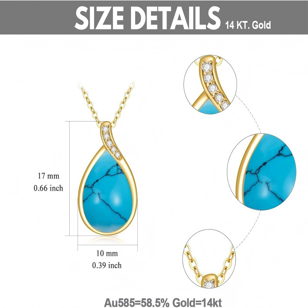 14K Gold Diamond & Turquoise Drop Shape Pendant Necklace