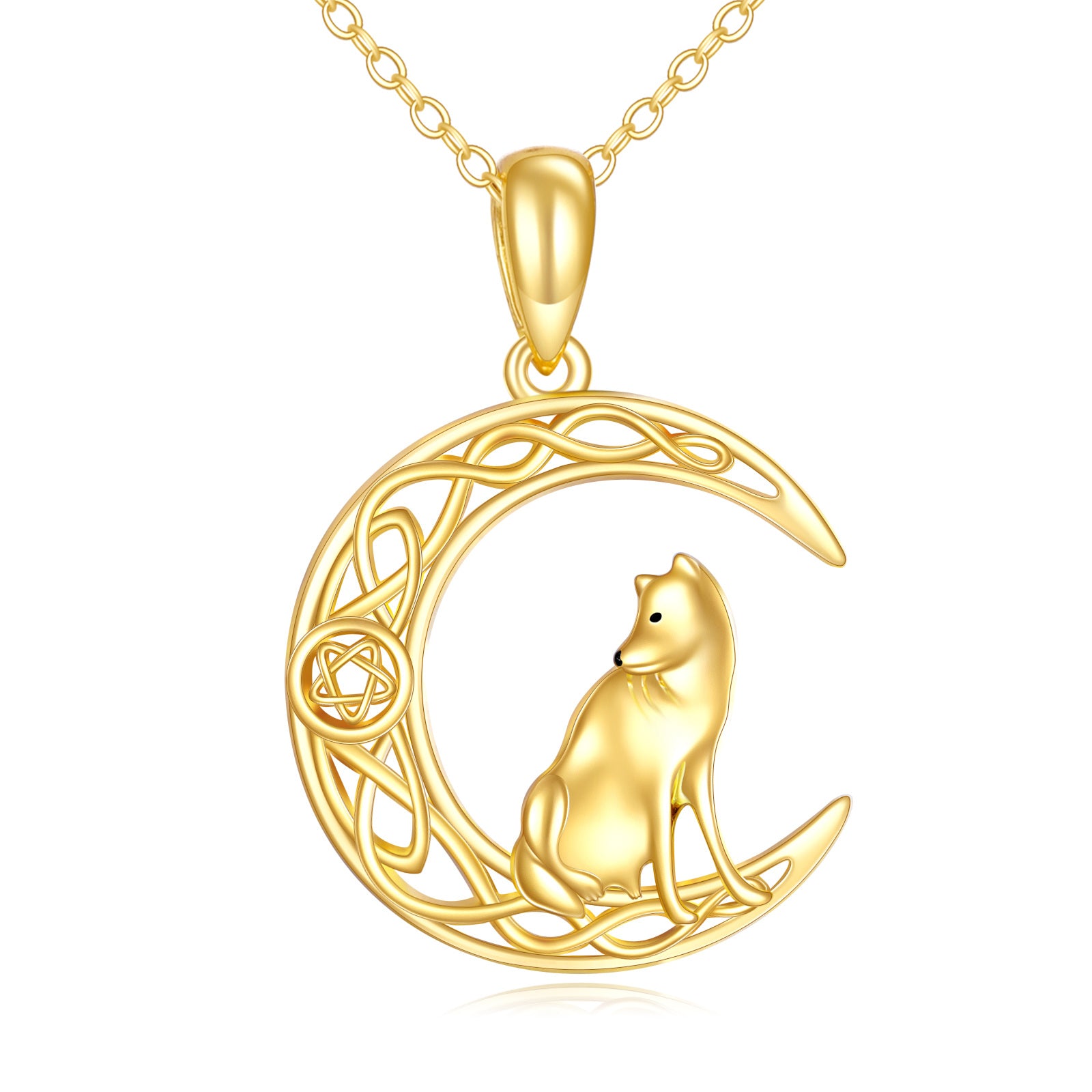 14K Gold Dog Celtic Knot Moon Star Necklace for Women