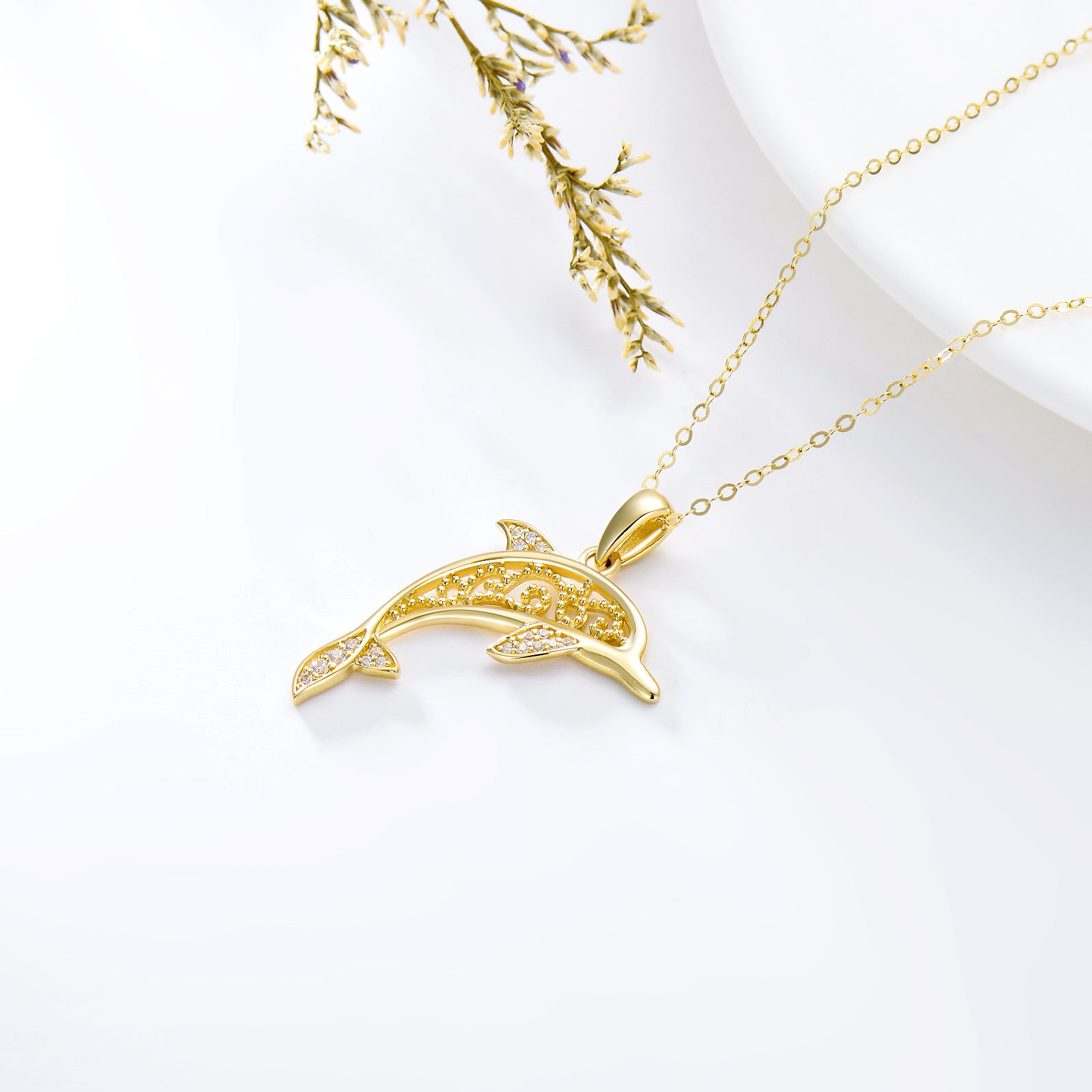 14K Gold Cubic Zirconia Dolphin Pendant Necklace