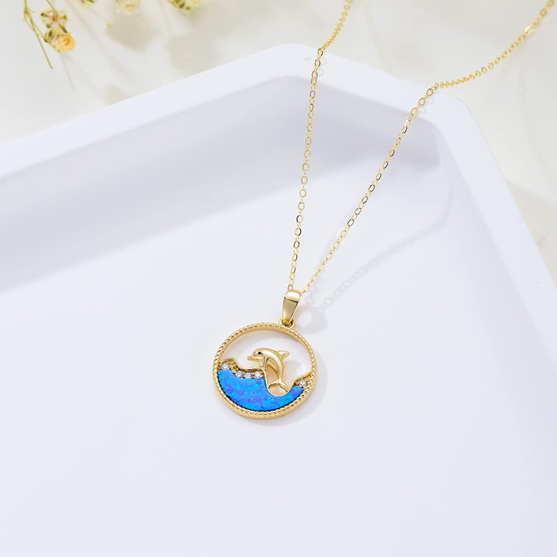 14K Gold Cubic Zirconia Dolphin Pendant Necklace