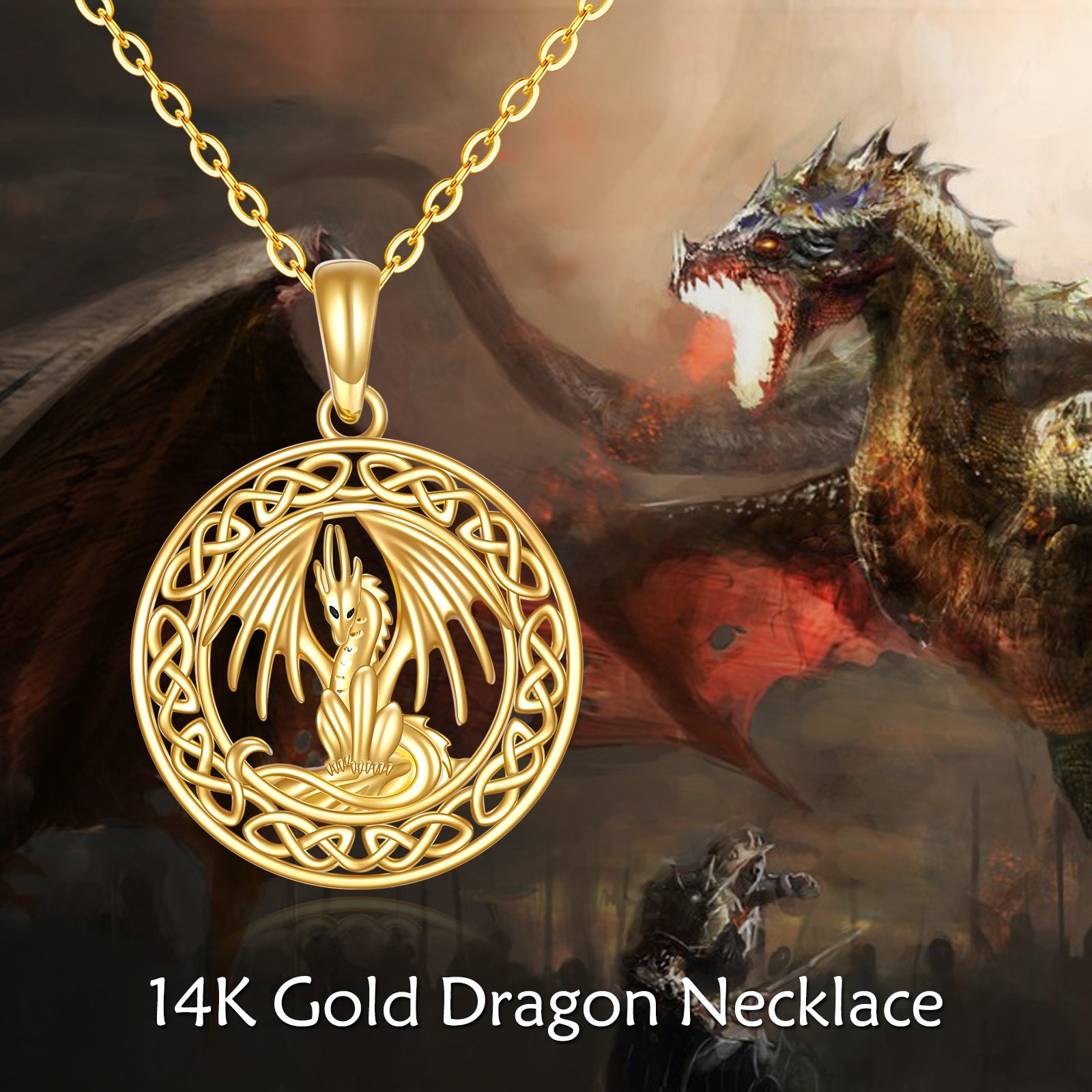 14K Gold Dragon & Celtic Knot Pendant Necklace