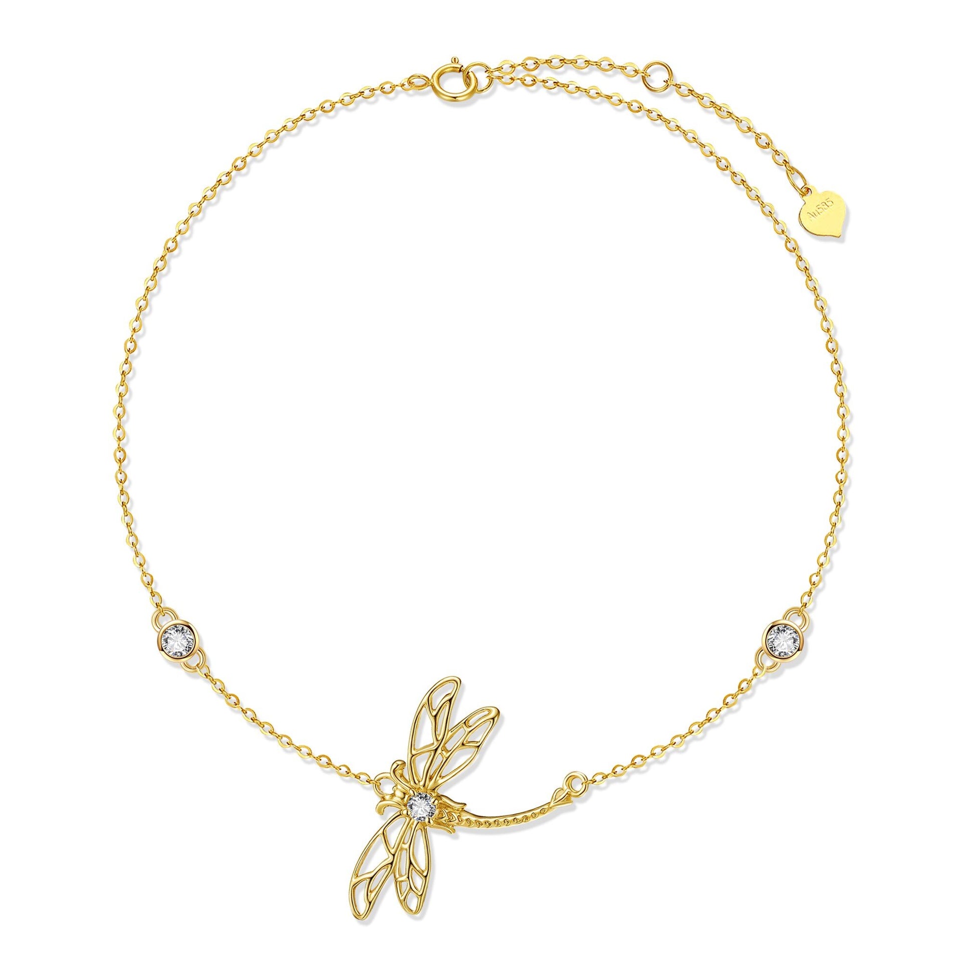 14K Gold Cubic Zirconia Dragonfly Charm Bracelet