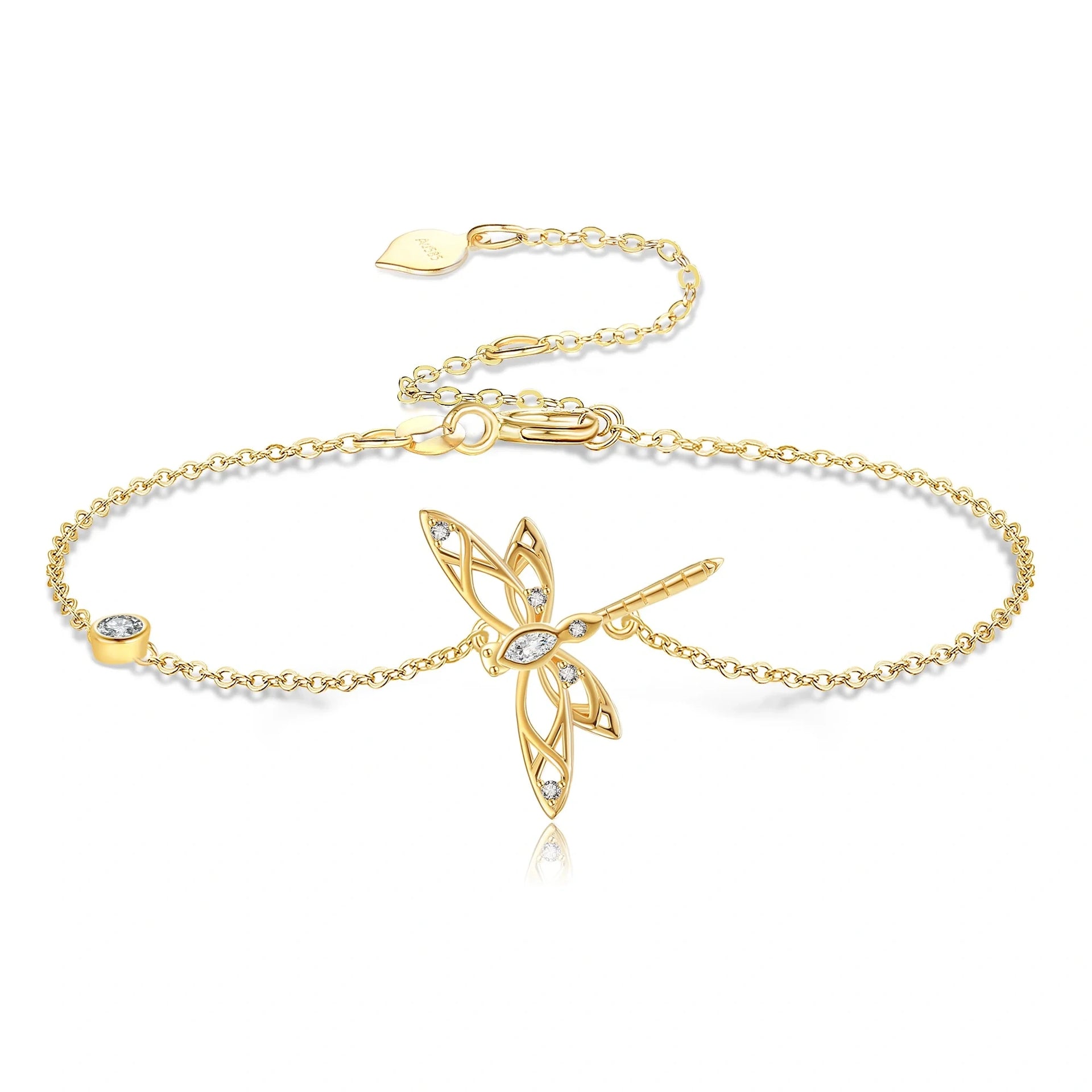 14K Gold Cubic Zirconia Dragonfly Charm Bracelet