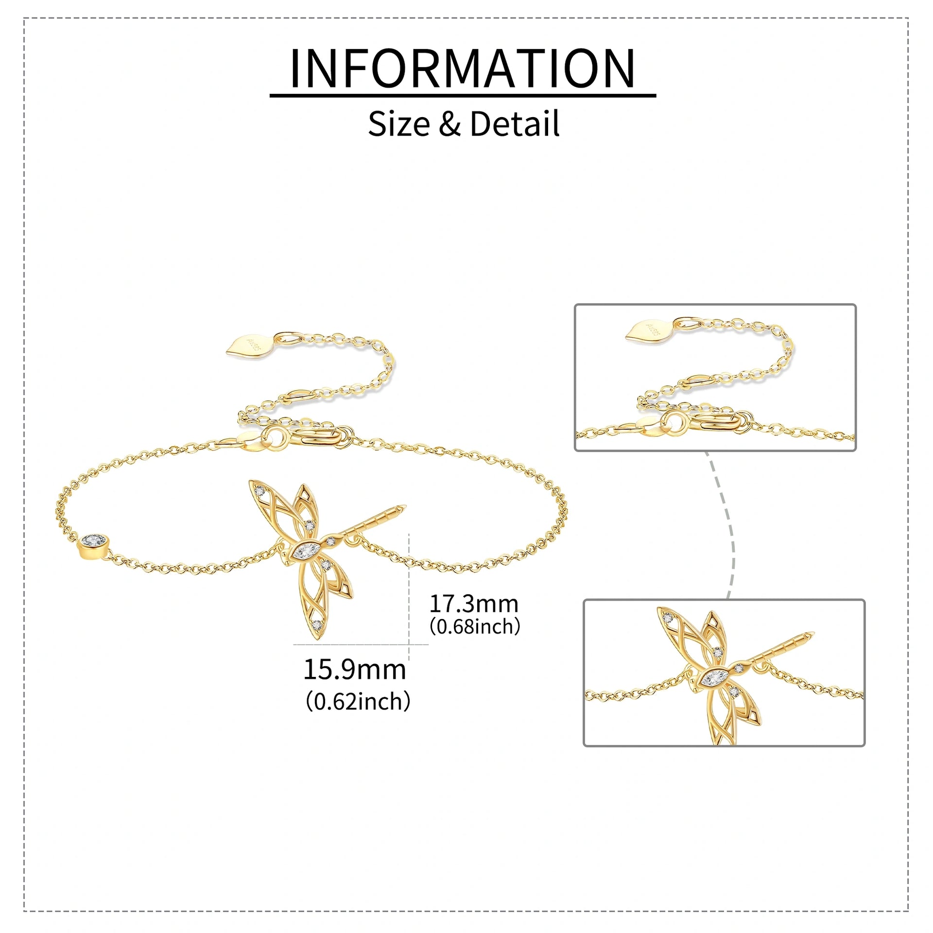 14K Gold Cubic Zirconia Dragonfly Charm Bracelet