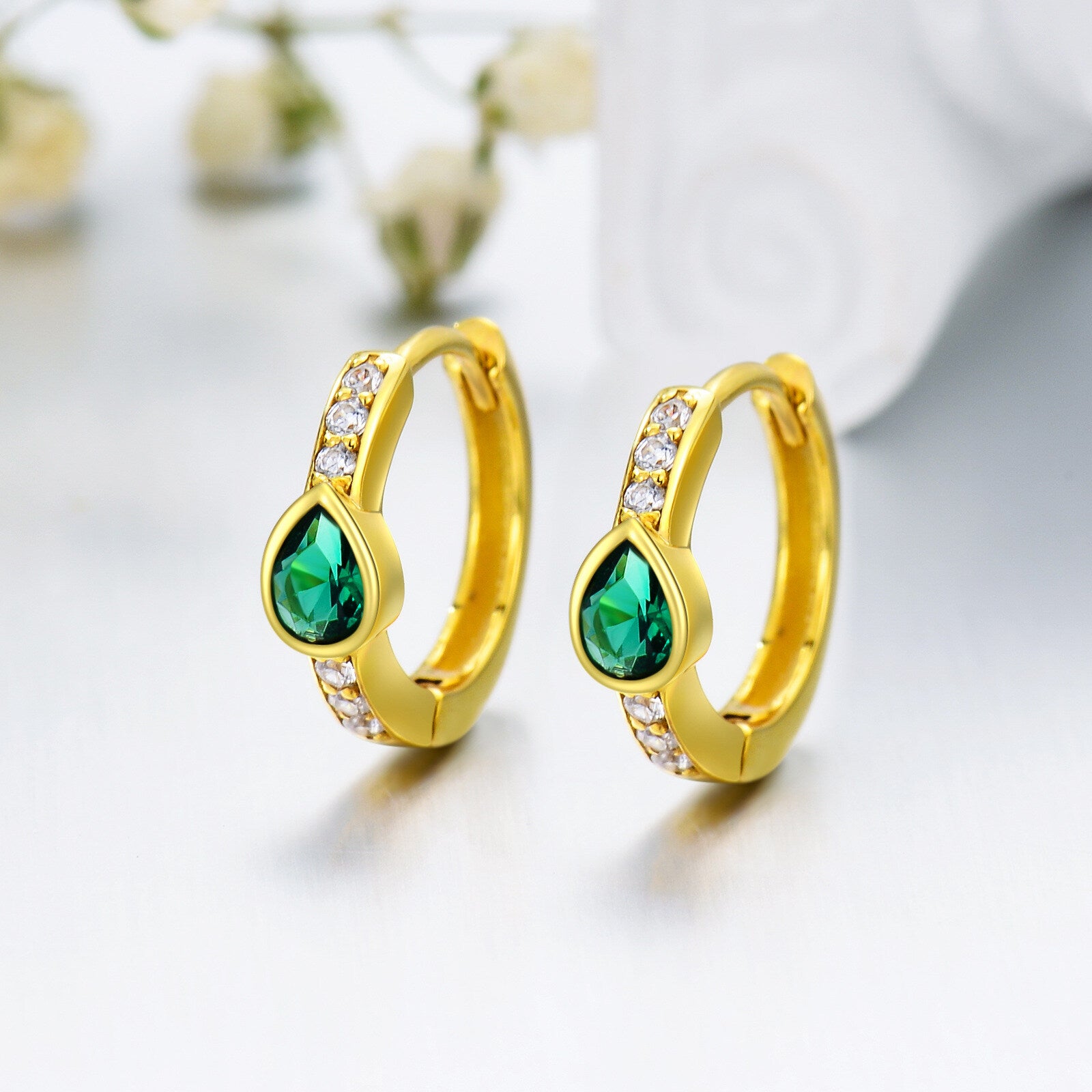 14K Gold Cubic Zirconia Drop Shape Hoop Earrings