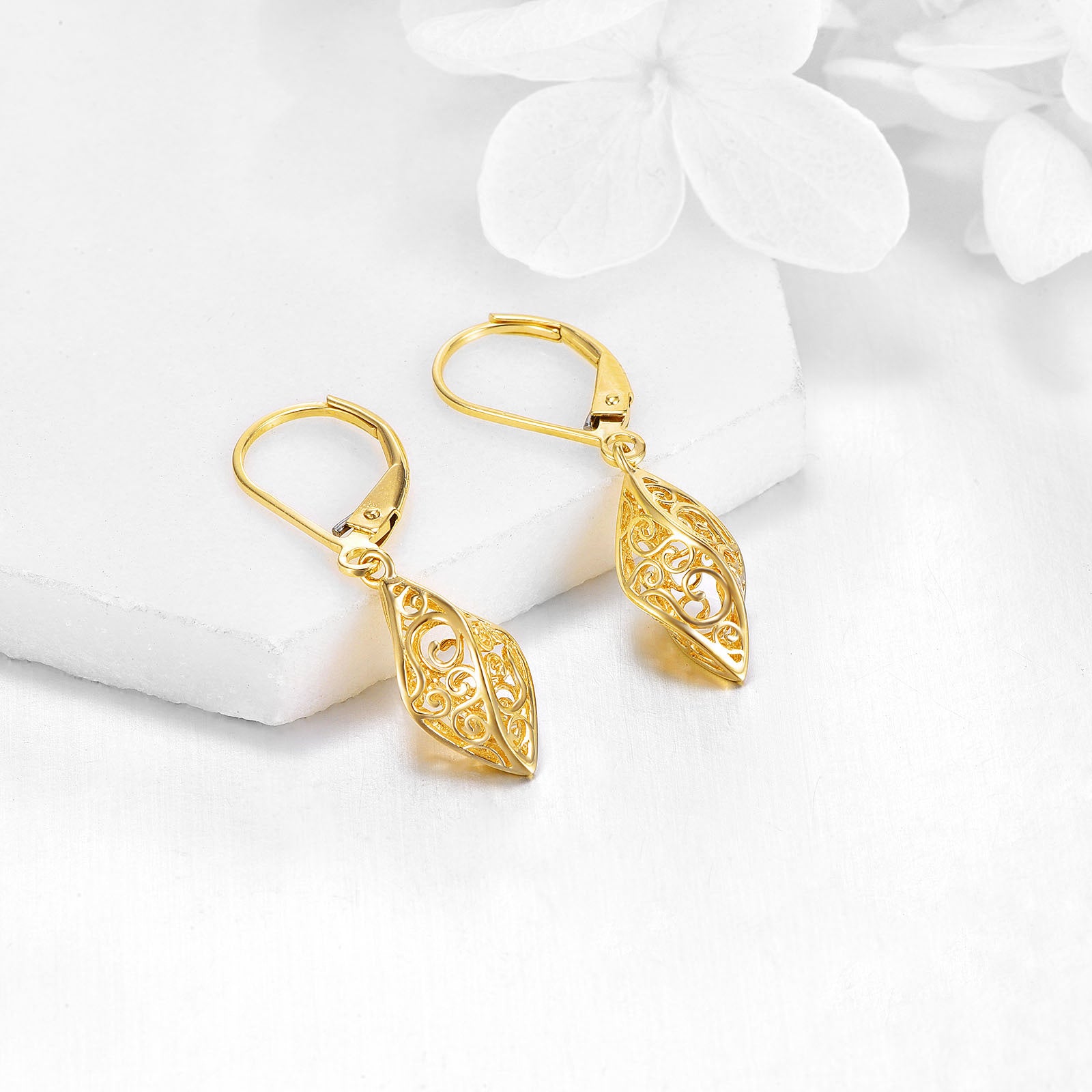14K Gold Drop Shape Lever-back Earrings