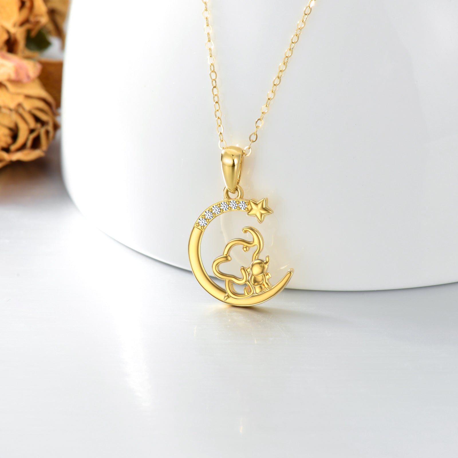 14K Gold Cubic Zirconia Elephant Pendant Necklace
