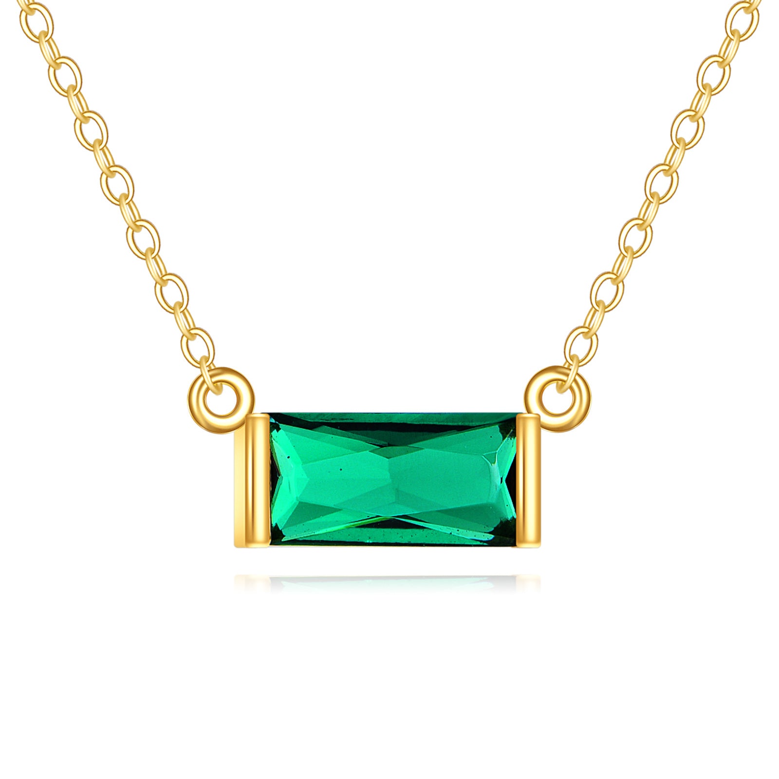 14K Gold Emerald Cubic Zirconia Baguette Pendant Necklace