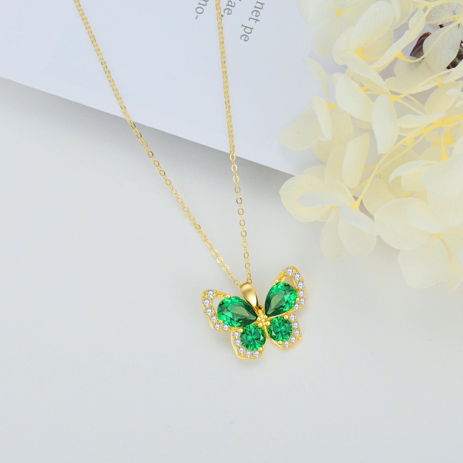 14K Gold Emerald Cubic Zirconia Butterfly Pendant Necklace