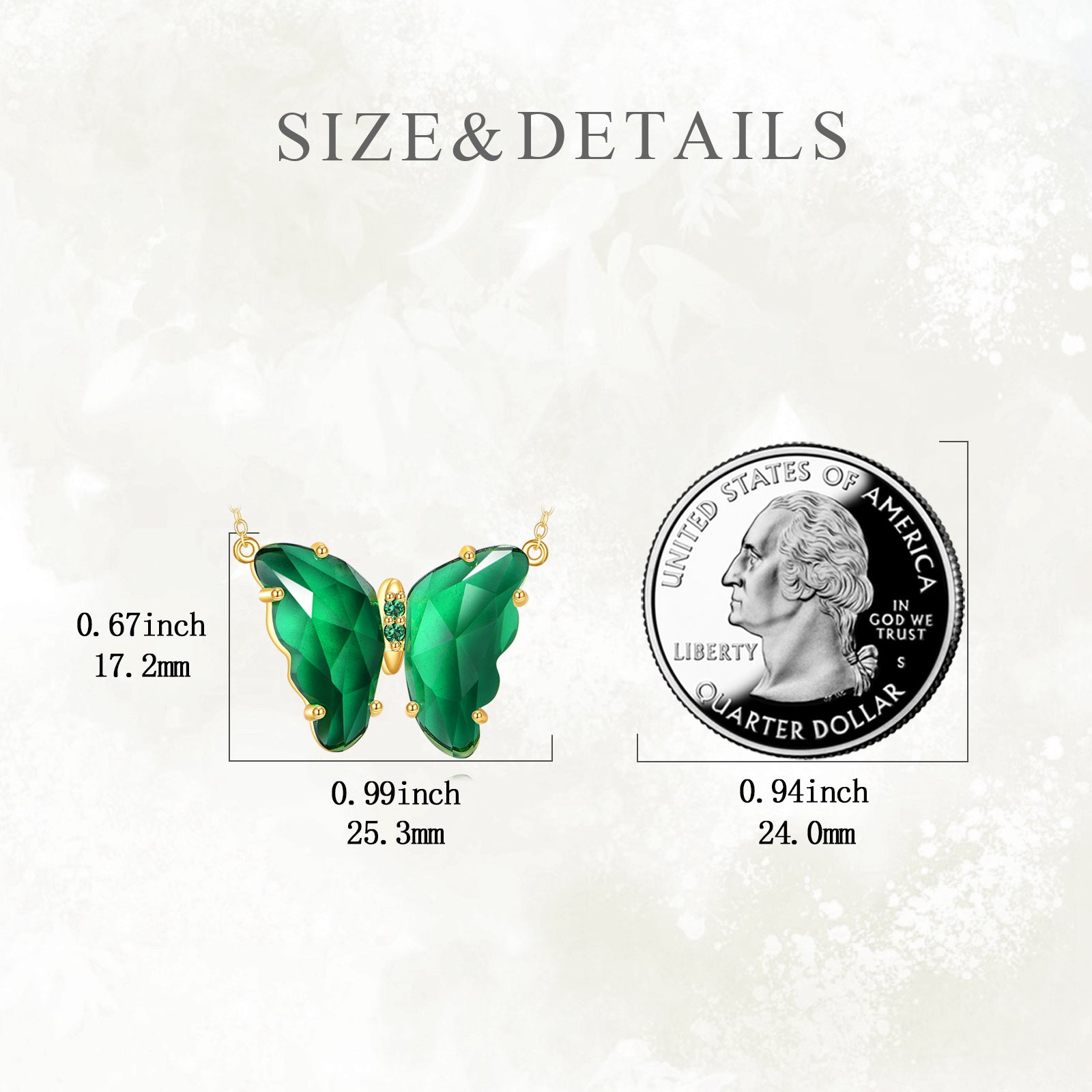 14K Gold Emerald Cubic Zirconia Butterfly Pendant Necklace