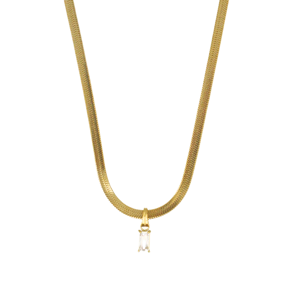 14K Gold Emerald Cut Gemstone Herringbone Necklace