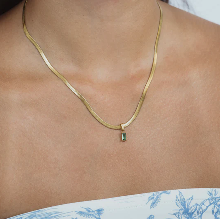 14K Gold Emerald Cut Gemstone Herringbone Necklace
