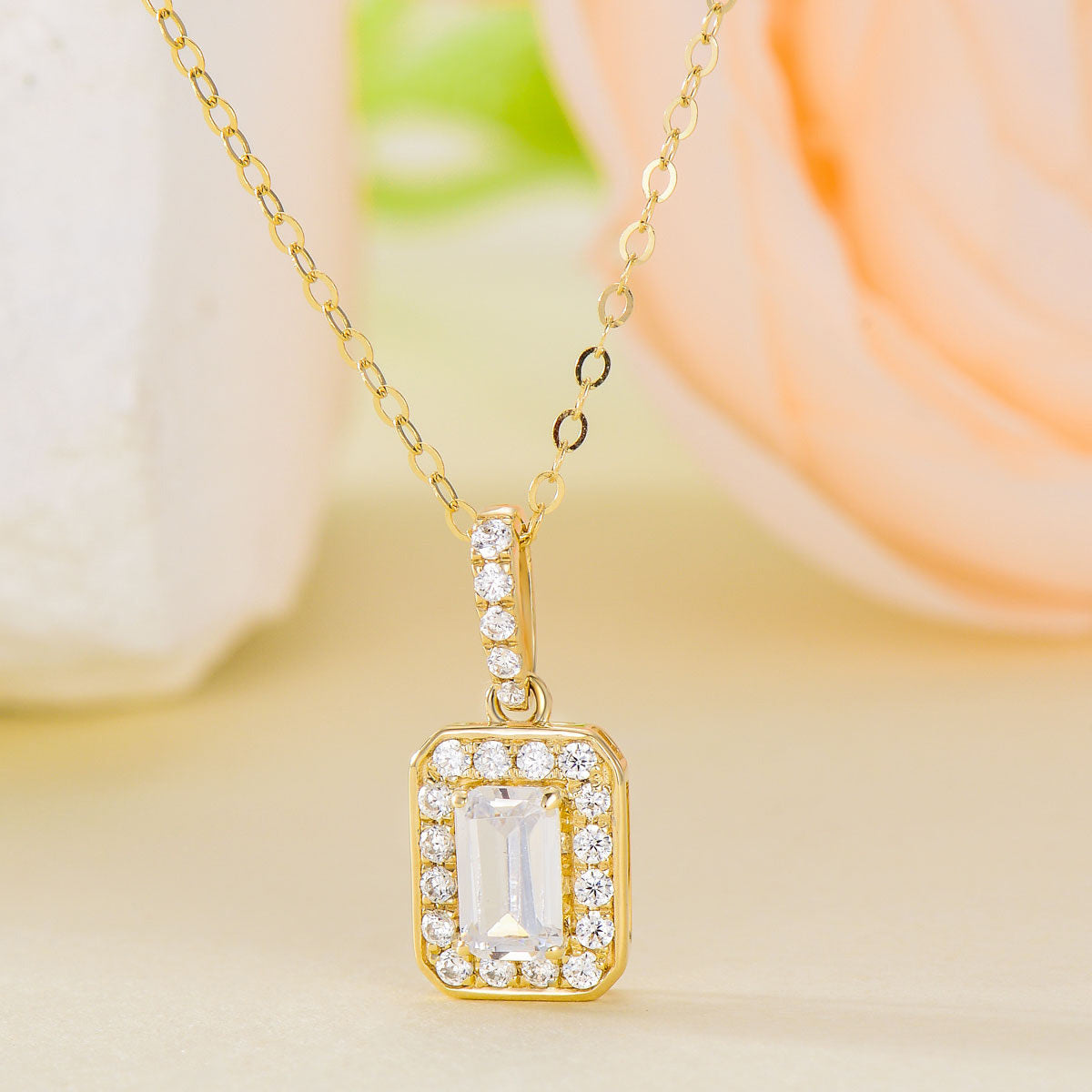 14K Gold Emerald Cut Cubic Zirconia Pendant Necklace