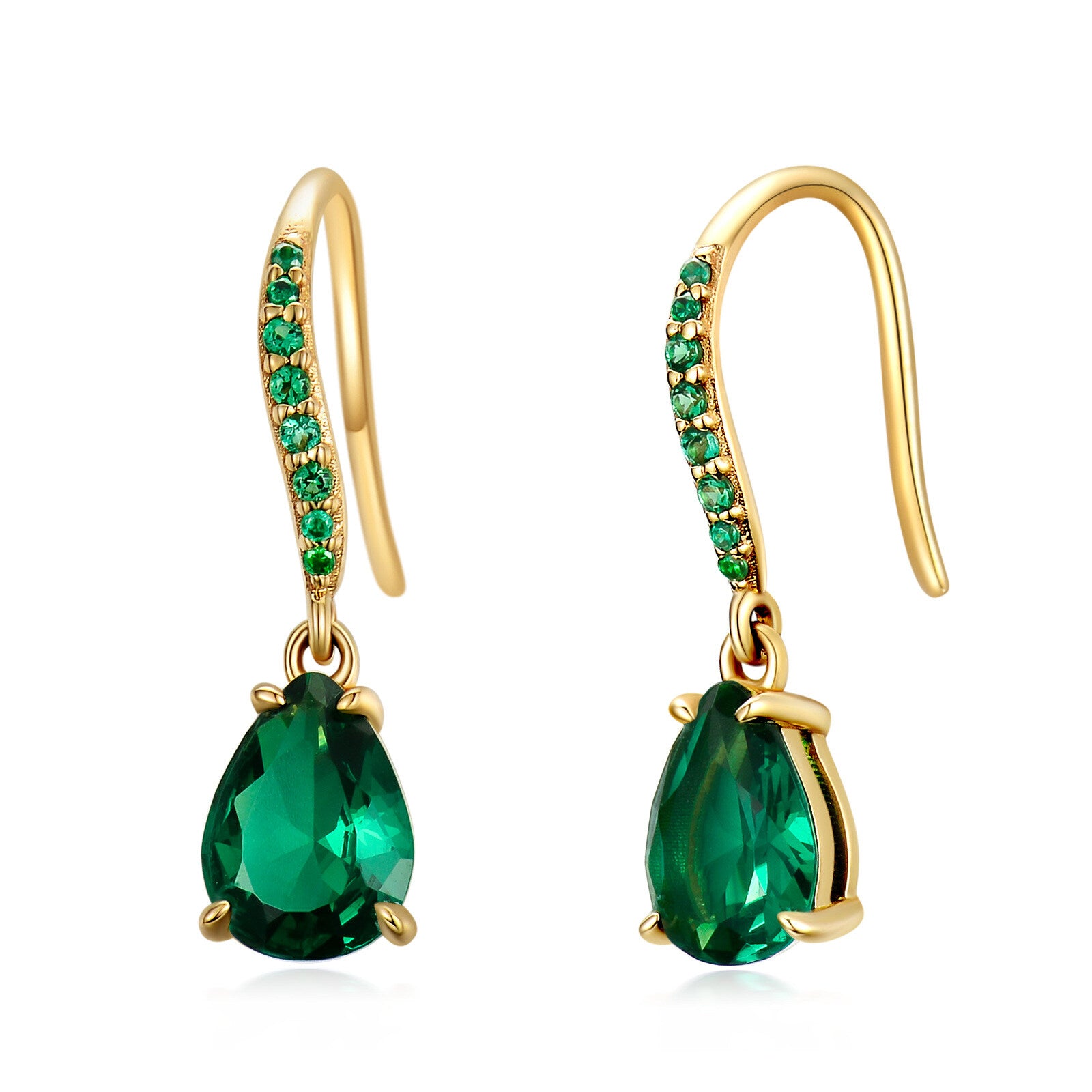 14K Gold Emerald Cubic Zirconia Drop Earrings For Women