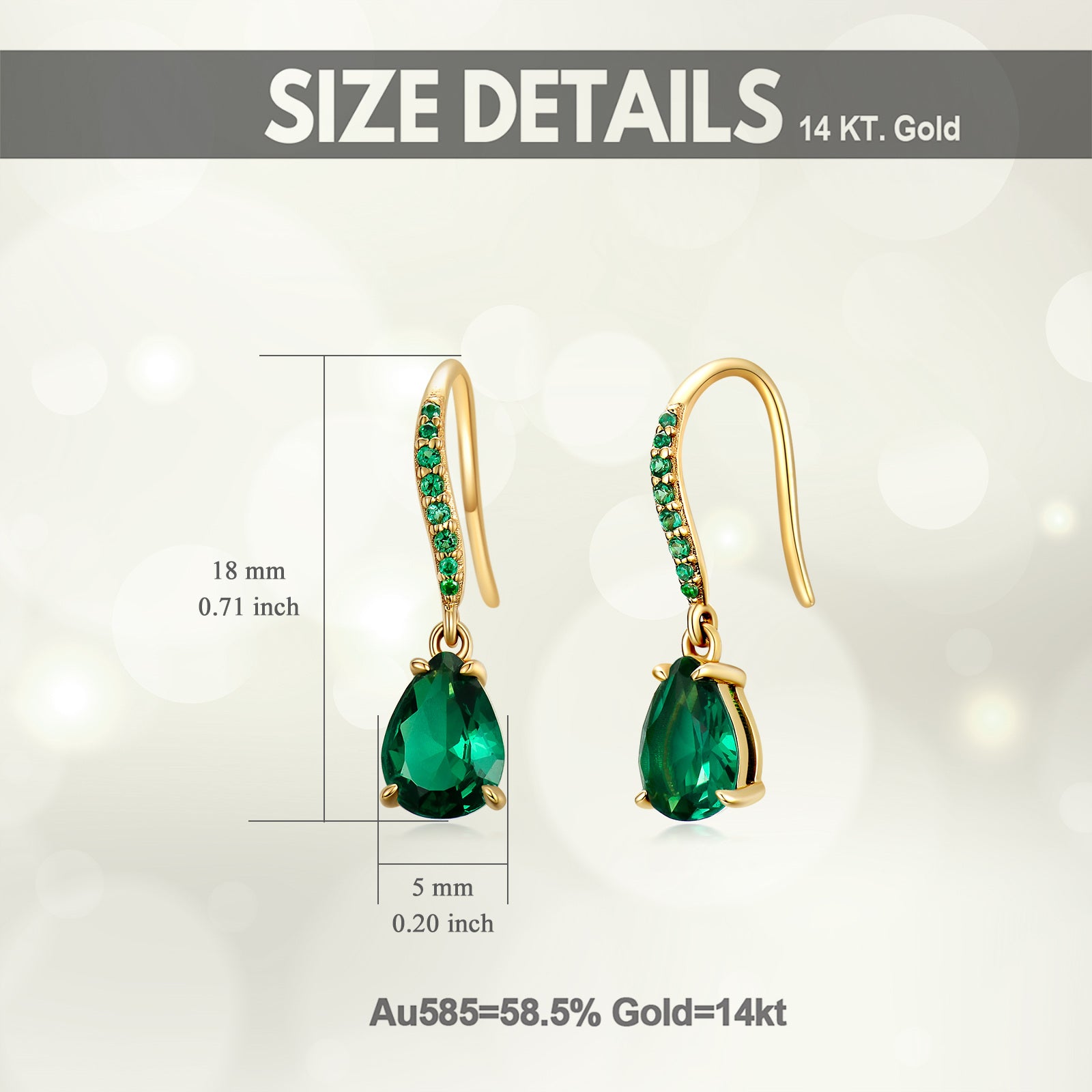14K Gold Emerald Cubic Zirconia Drop Earrings For Women