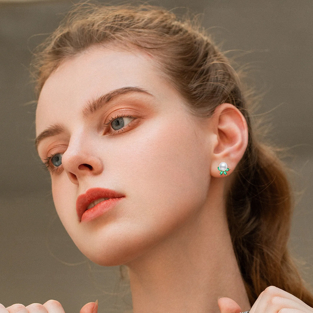 14K Gold Emerald Cubic Zirconia & Pearl Leaves Stud Earrings