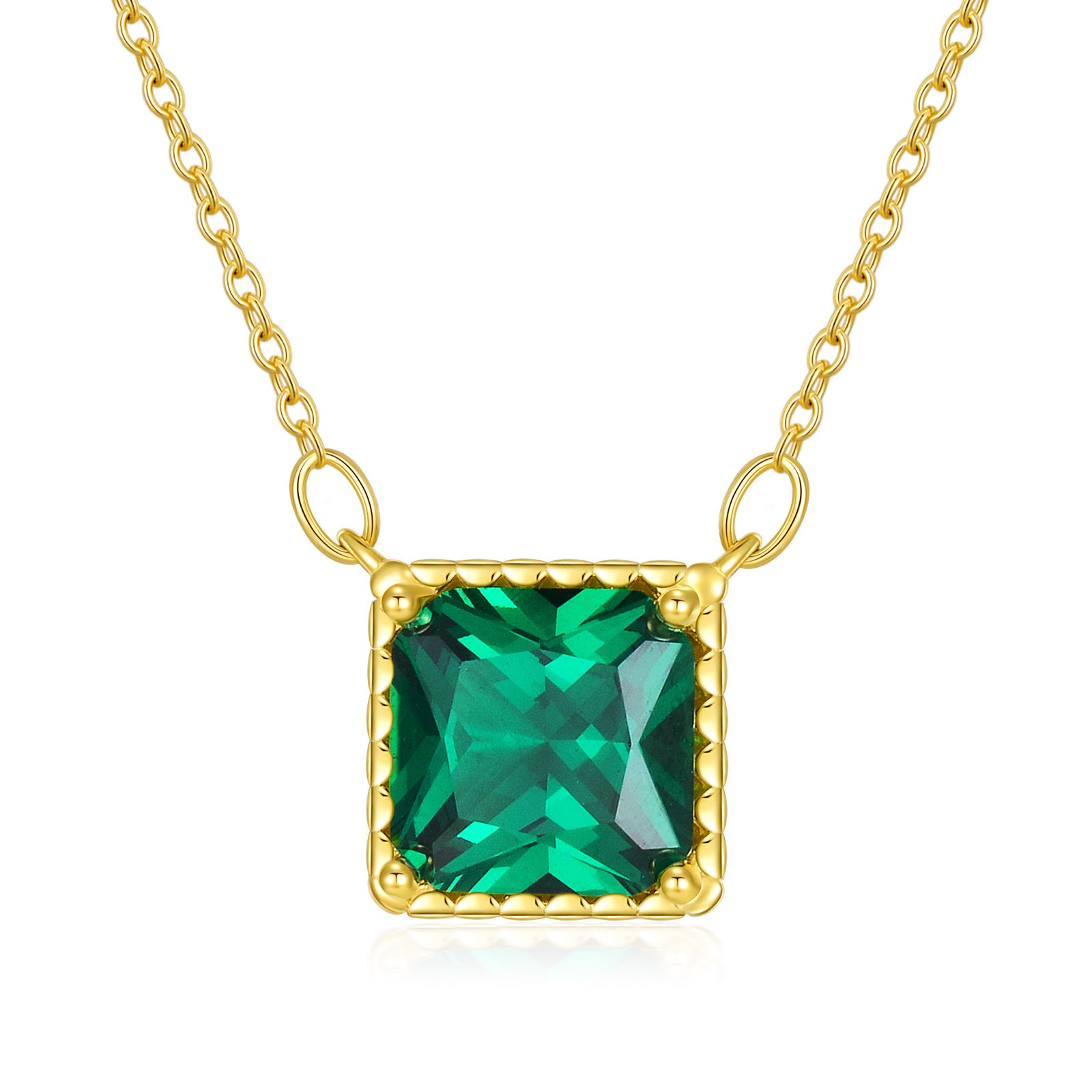 14K Gold Emerald Cubic Zirconia Square Pendant Necklace