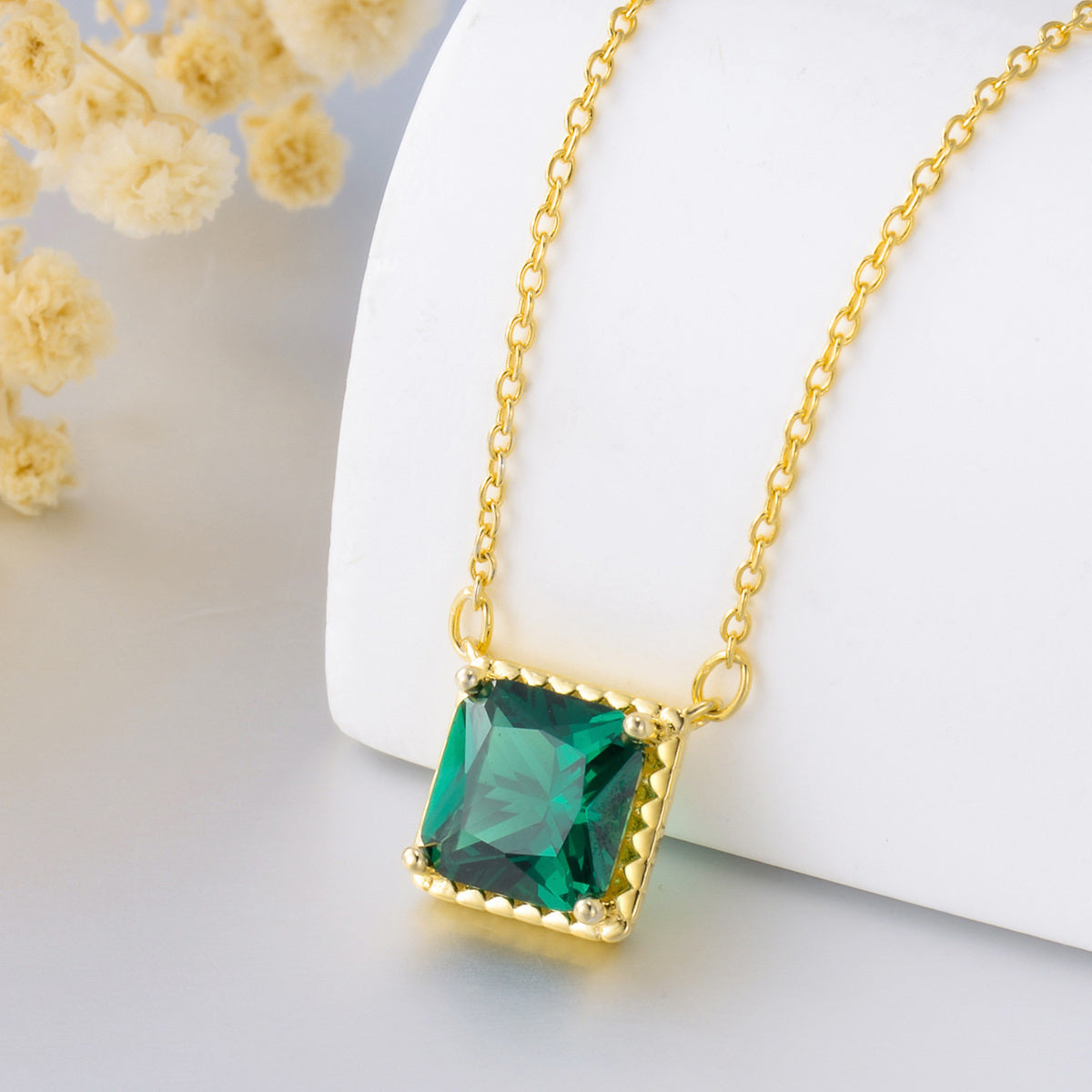 14K Gold Emerald Cubic Zirconia Square Pendant Necklace