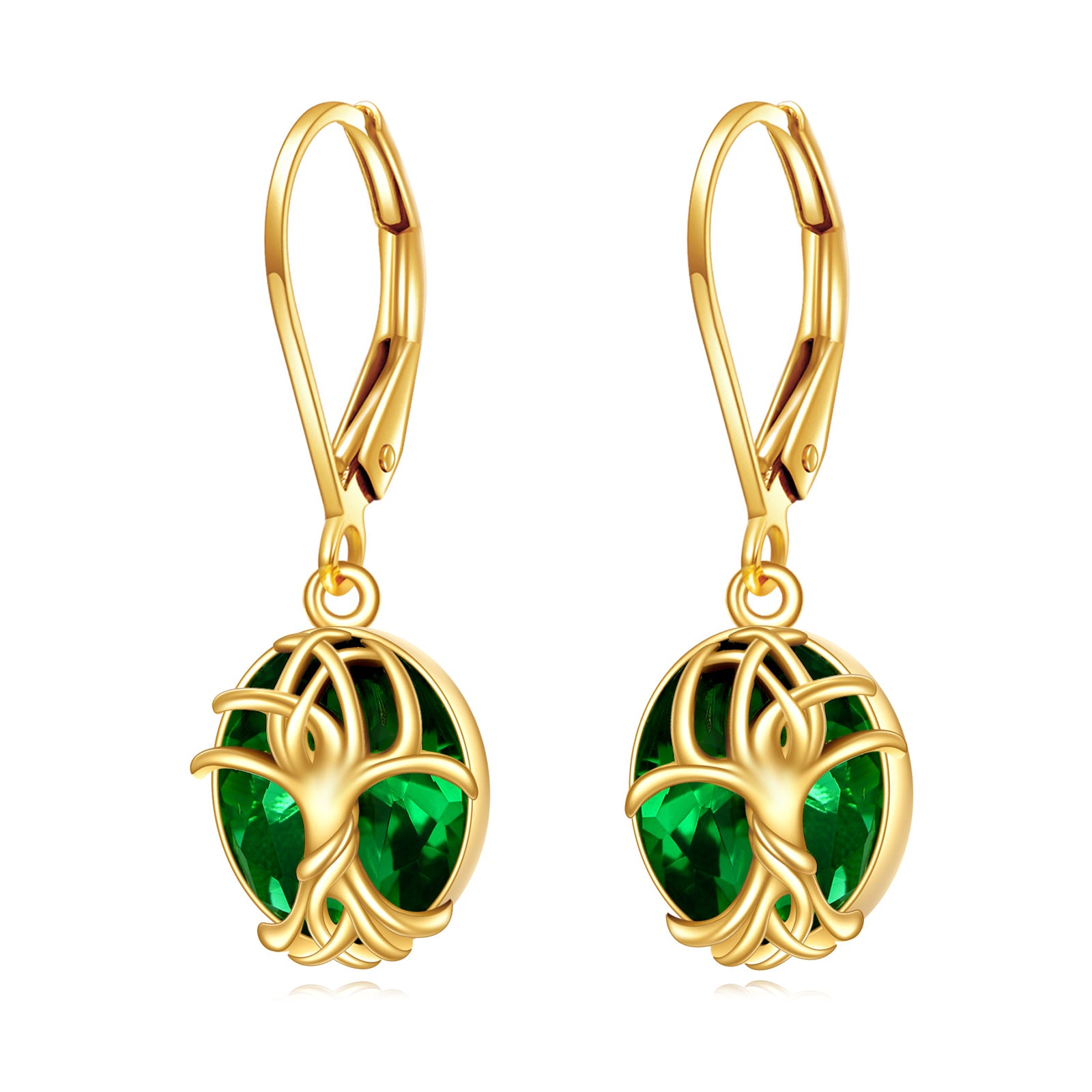 14K Gold Emerald Tree Of Life Drop Earrings