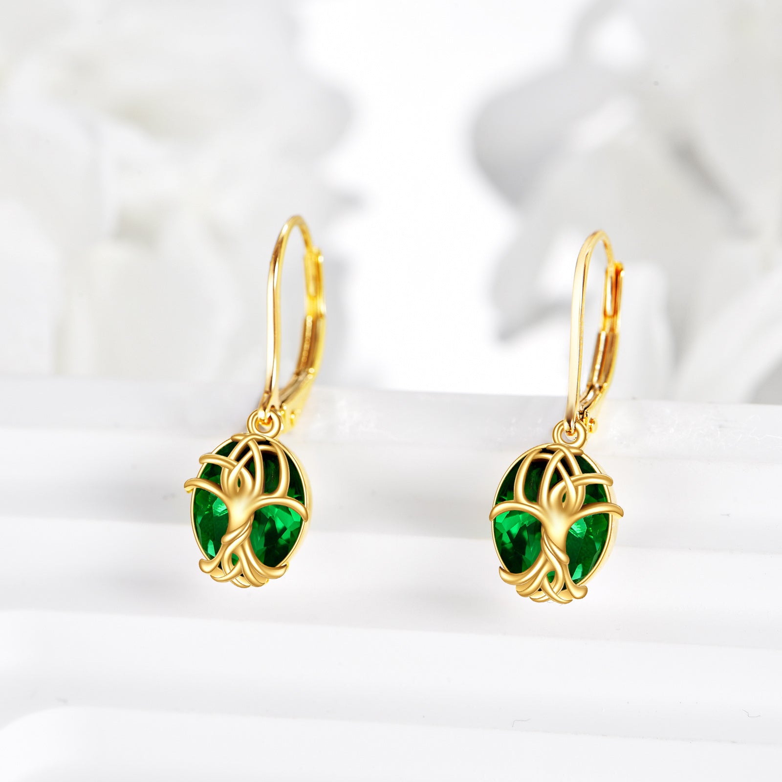 14K Gold Emerald Tree Of Life Drop Earrings