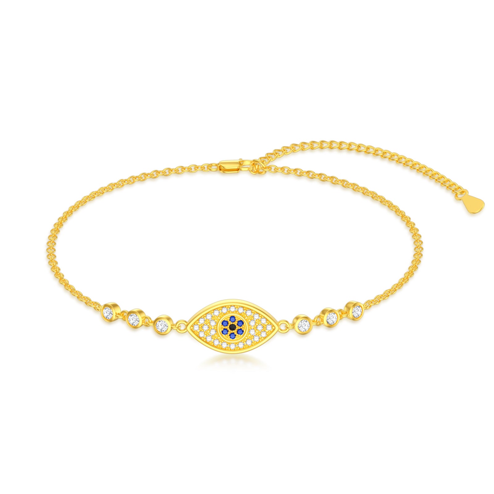 14K Gold Cubic Zirconia Evil Eye Charm Bracelet