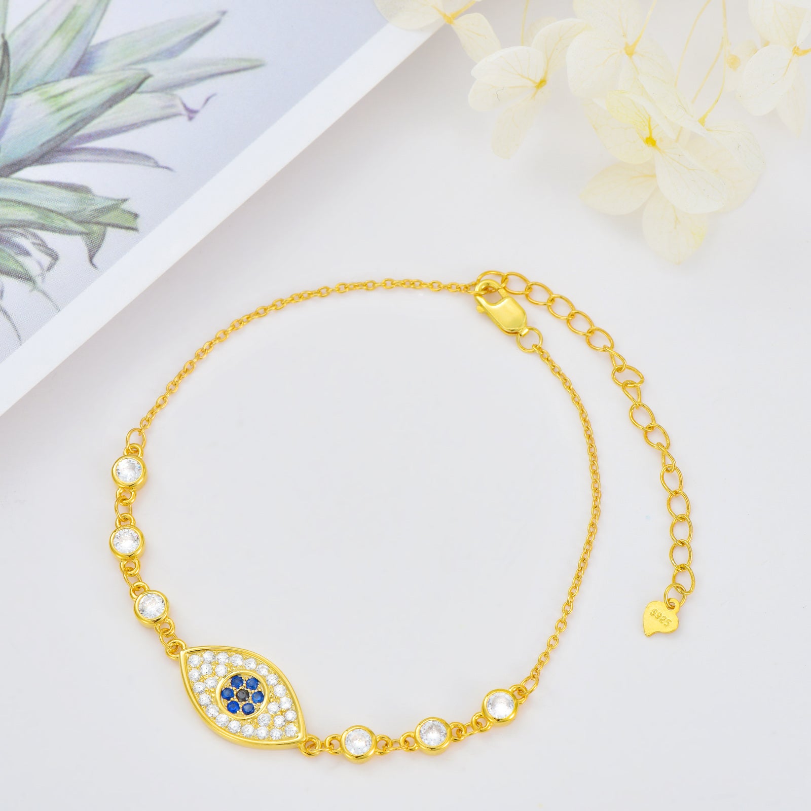 14K Gold Cubic Zirconia Evil Eye Charm Bracelet