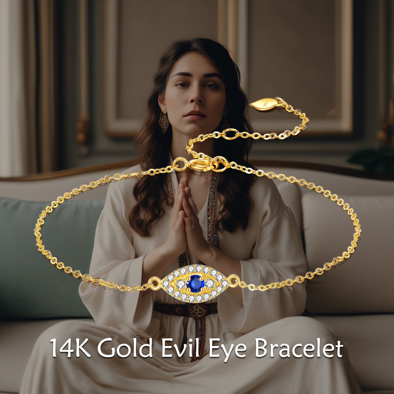 14K Gold Cubic Zirconia Evil Eye Charm Bracelet