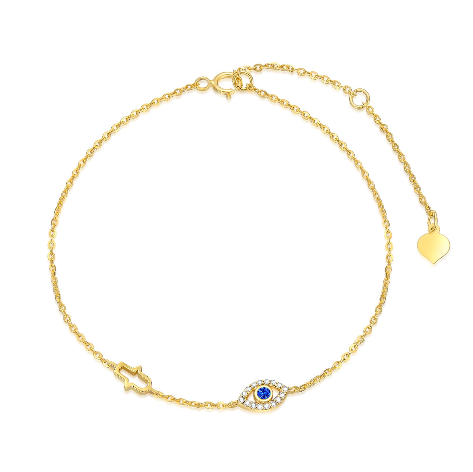 14K Gold Cubic Zirconia Evil Eye & Hamsa Hand Charm Bracelet