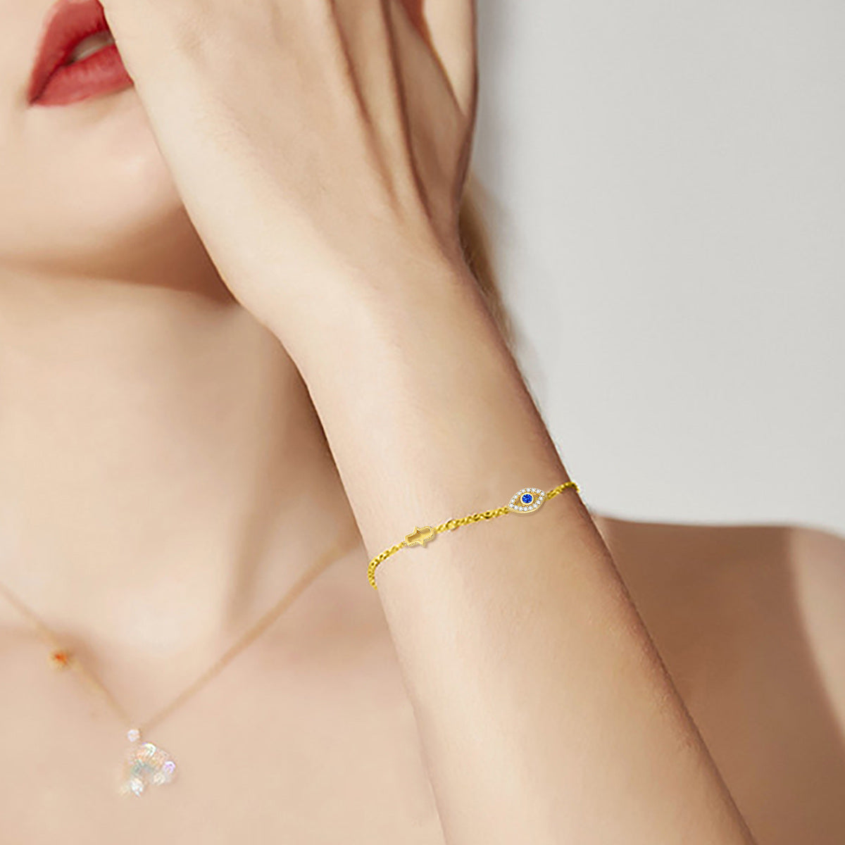 14K Gold Cubic Zirconia Evil Eye & Hamsa Hand Charm Bracelet