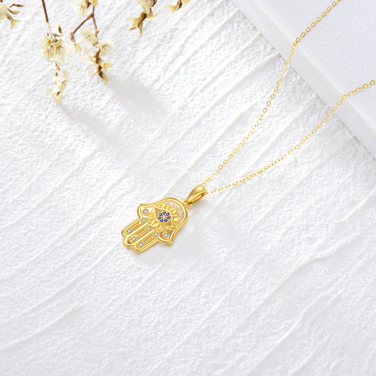 14K Gold Cubic Zirconia Evil Eye & Hamsa Hand Pendant Necklace