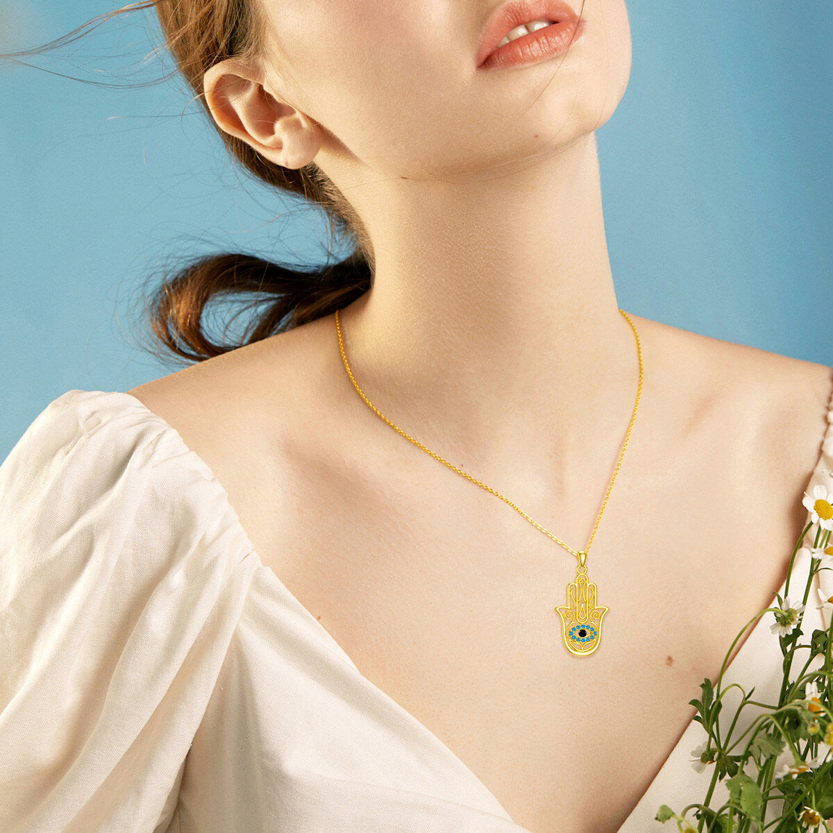 14K Gold Cubic Zirconia Evil Eye & Hamsa Hand Pendant Necklace