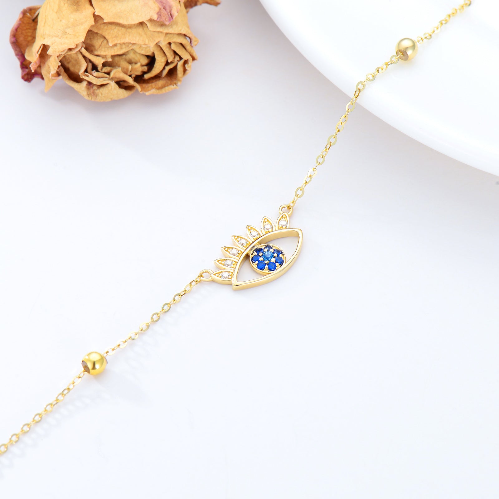 14K Gold Cubic Zirconia Evil Eye Charm Bracelet