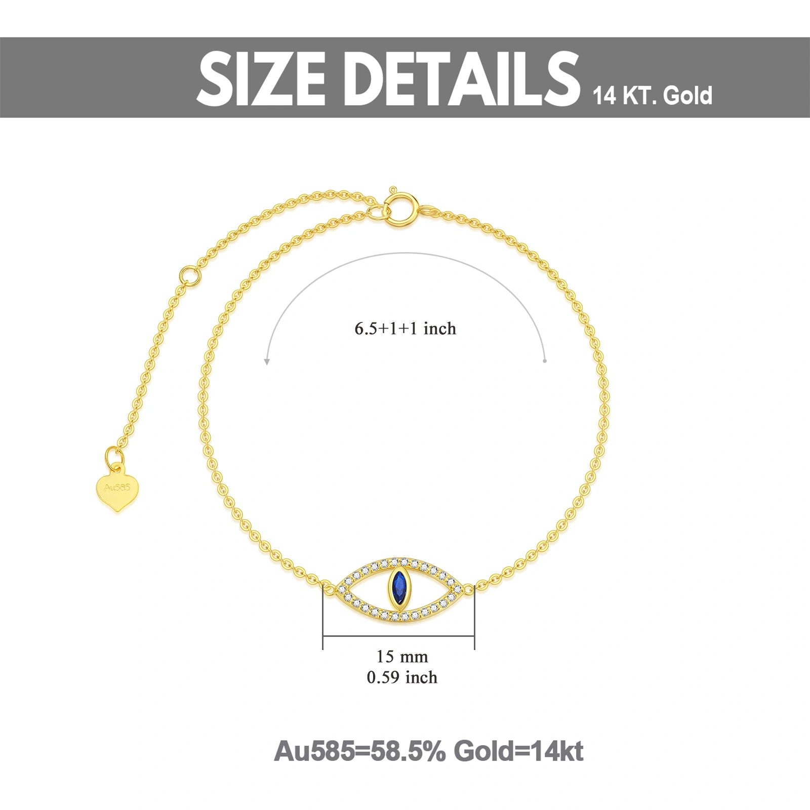 14K Gold Cubic Zirconia Evil Eye Charm Bracelet