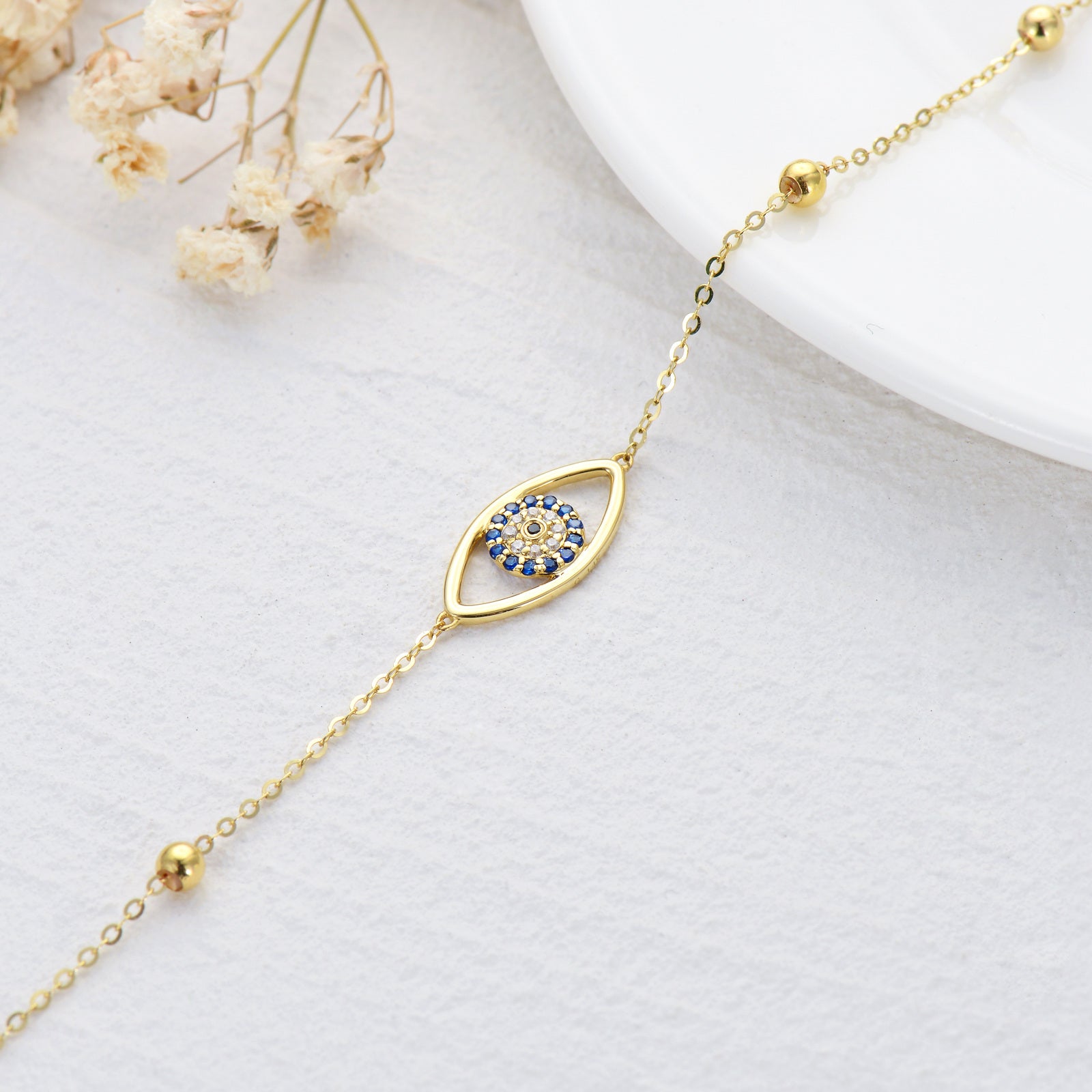 14K Gold Cubic Zirconia Evil Eye Charm Bracelet