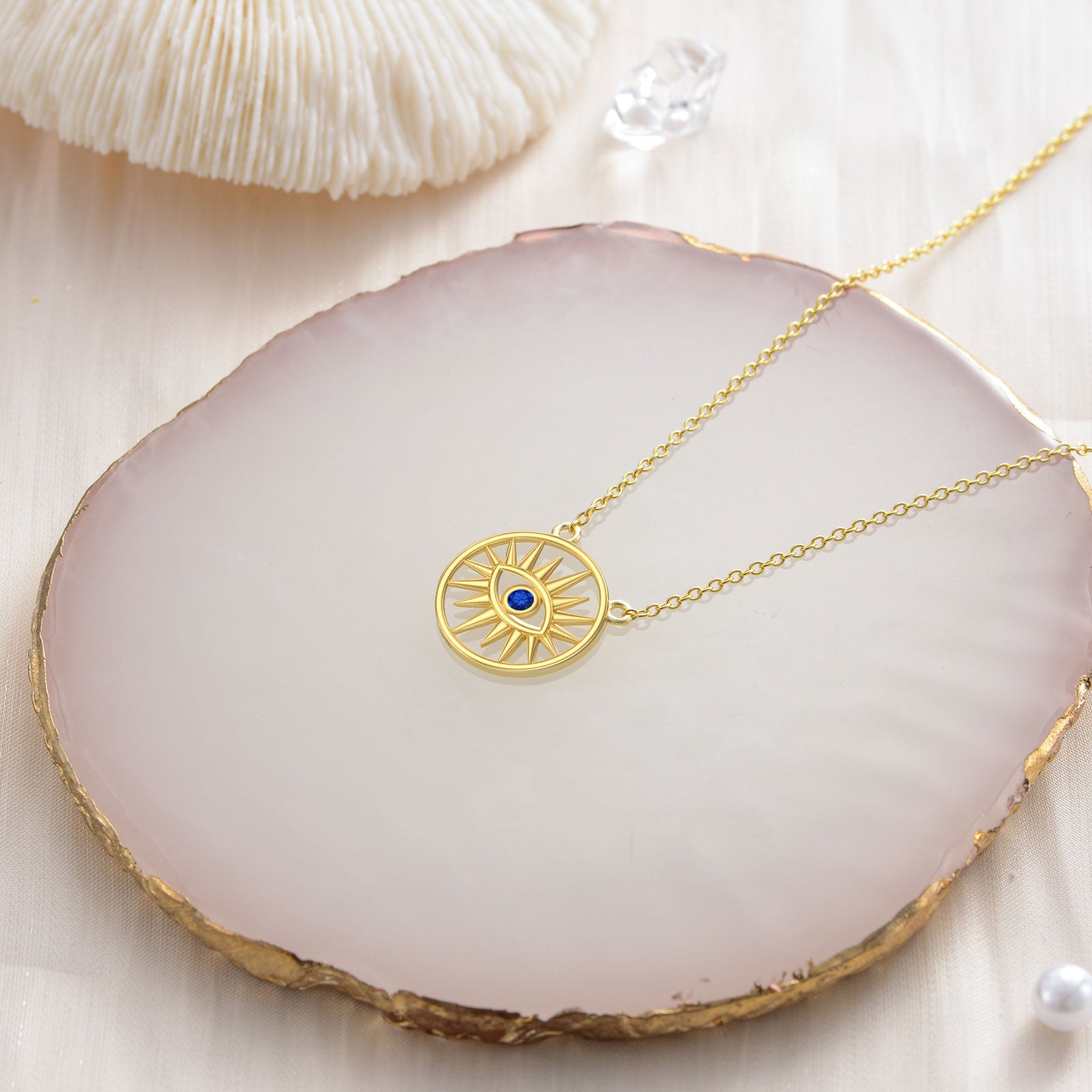 14K Gold Cubic Zirconia Evil Eye Sun Pendant Necklace