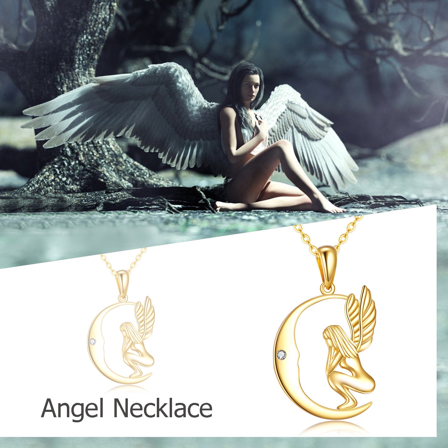 14K Gold Cubic Zirconia Fairy & Moon Pendant Necklace