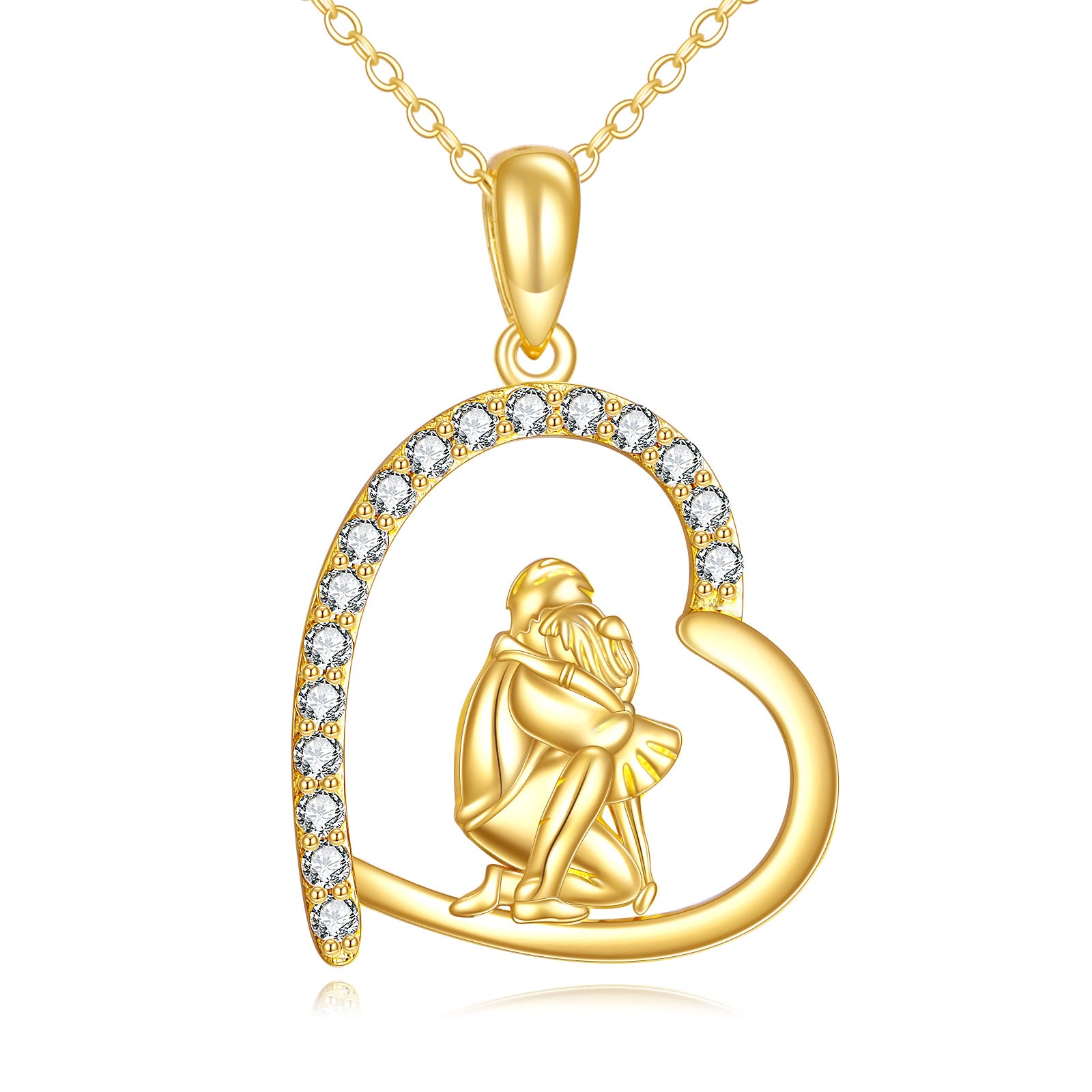 14K Gold Cubic Zirconia Father & Daughter Heart Pendant Necklace